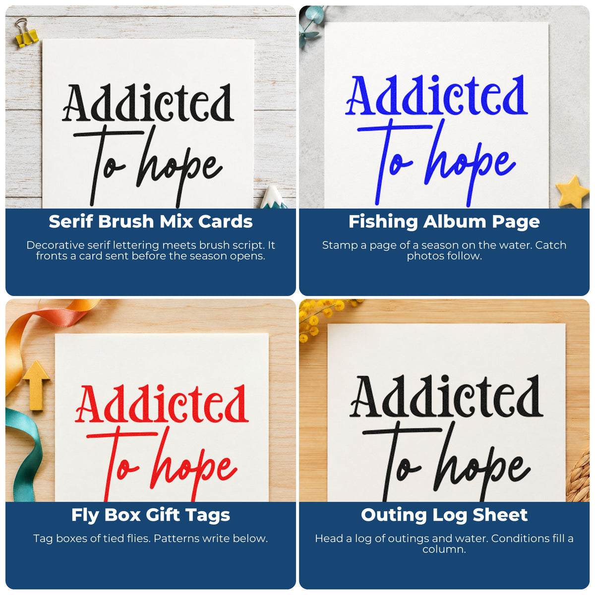 Four ways to use the Addicted To Hope PSI Pre-Inked Stamp: serif brush mix cards, fishing album page, fly box gift tags and outing log sheet.
