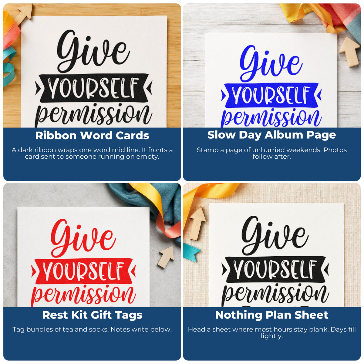 Four ways to use the Vintage Pro Give Yourself Permission To Rest Premium Wooden Stamp: ribbon word cards, slow day album page, rest kit gift tags and nothing plan sheet.
