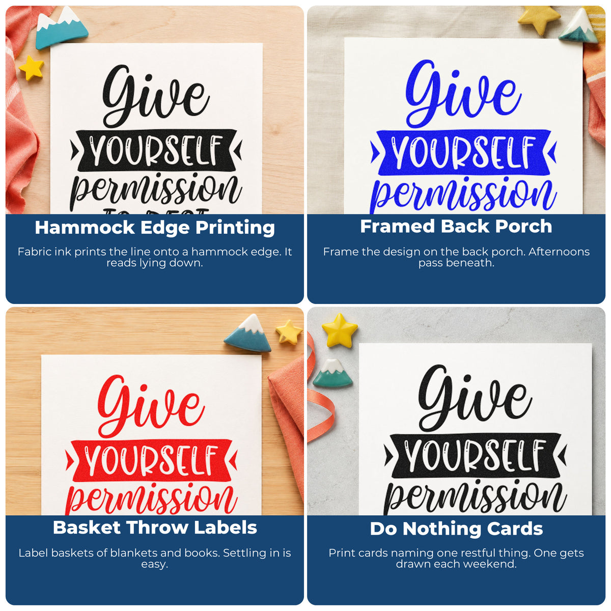 Four ways to use the Duo Hand Give Yourself Permission To Rest Rubber Stamp: hammock edge printing, framed back porch, basket throw labels and do nothing cards.