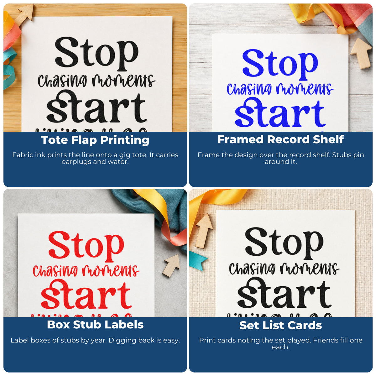 Four ways to use the Stop Chasing Start Living Stamp - Premium Vintage Pro Wooden: tote flap printing, framed record shelf, box stub labels and set list cards.