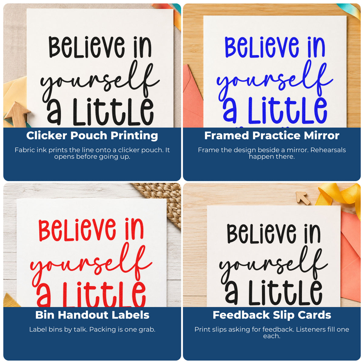 Four ways to use the Believe In Yourself A Little More Premium Wood-Mounted Stamp - Vintage Pro: clicker pouch printing, framed practice mirror, bin handout labels and feedback slip cards.
