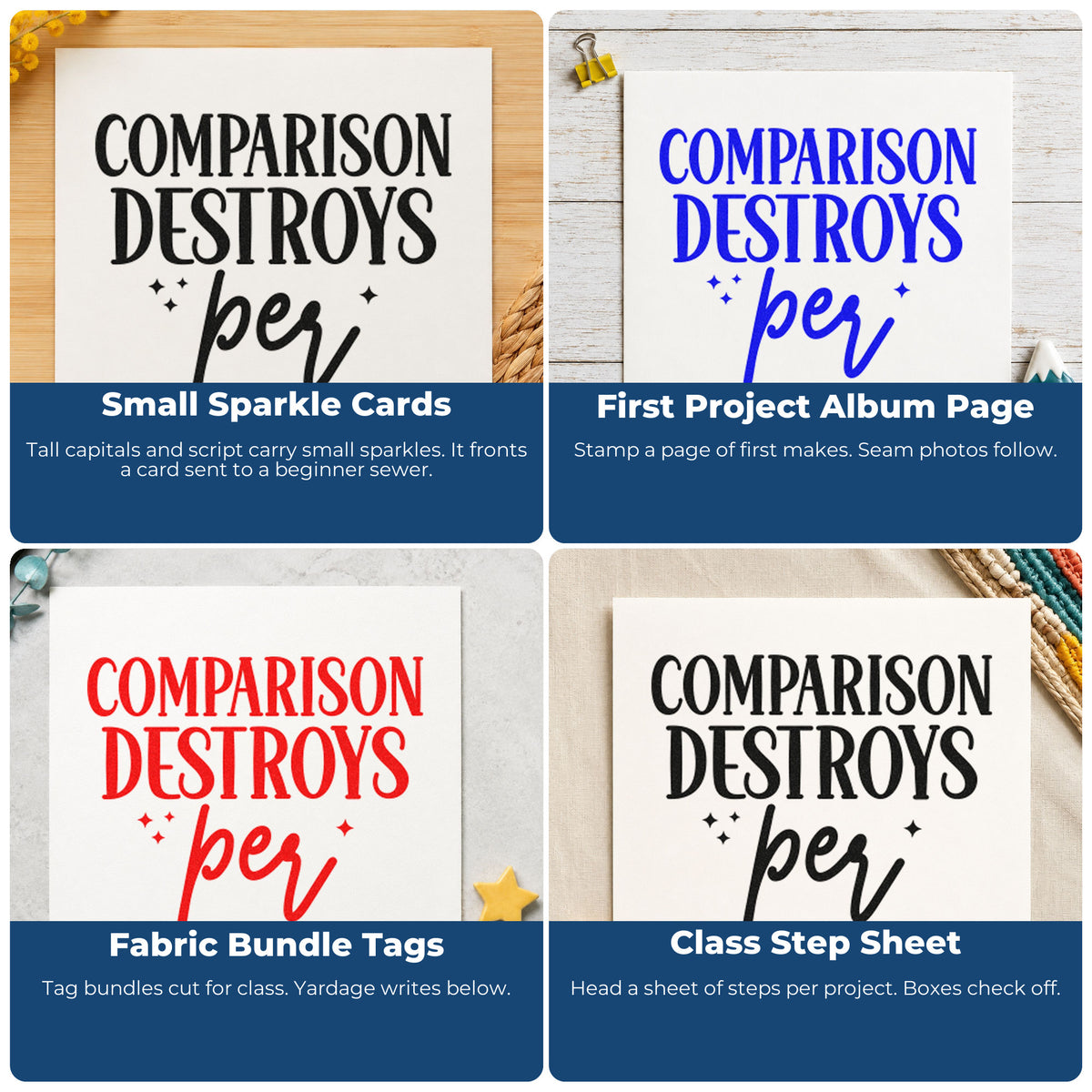 Four ways to use the Comparison Quote With Sparkles Script Lettering Stamp – Self-Inking: small sparkle cards, first project album page, fabric bundle tags and class step sheet.