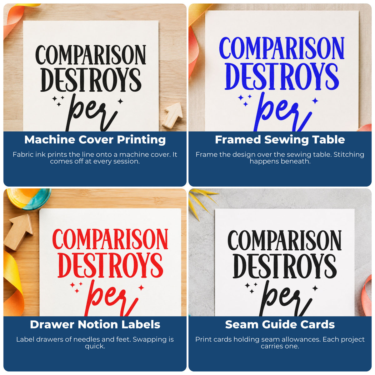 Four ways to use the Comparison Quote With Sparkles Script Lettering Stamp – Self-Inking: machine cover printing, framed sewing table, drawer notion labels and seam guide cards.