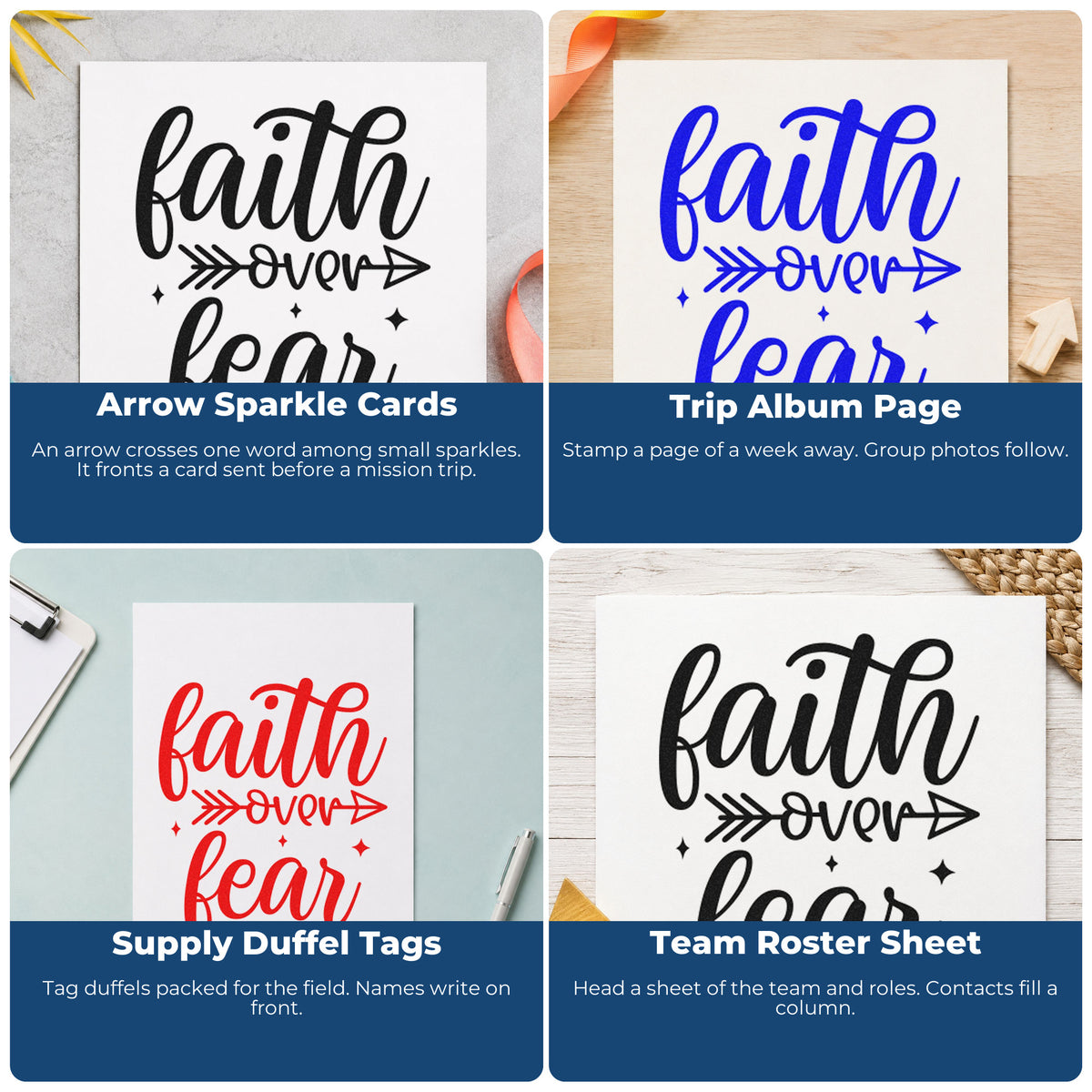 Four ways to use the Faith Over Fear Arrow Slim Pre-Inked Stamp: arrow sparkle cards, trip album page, supply duffel tags and team roster sheet.