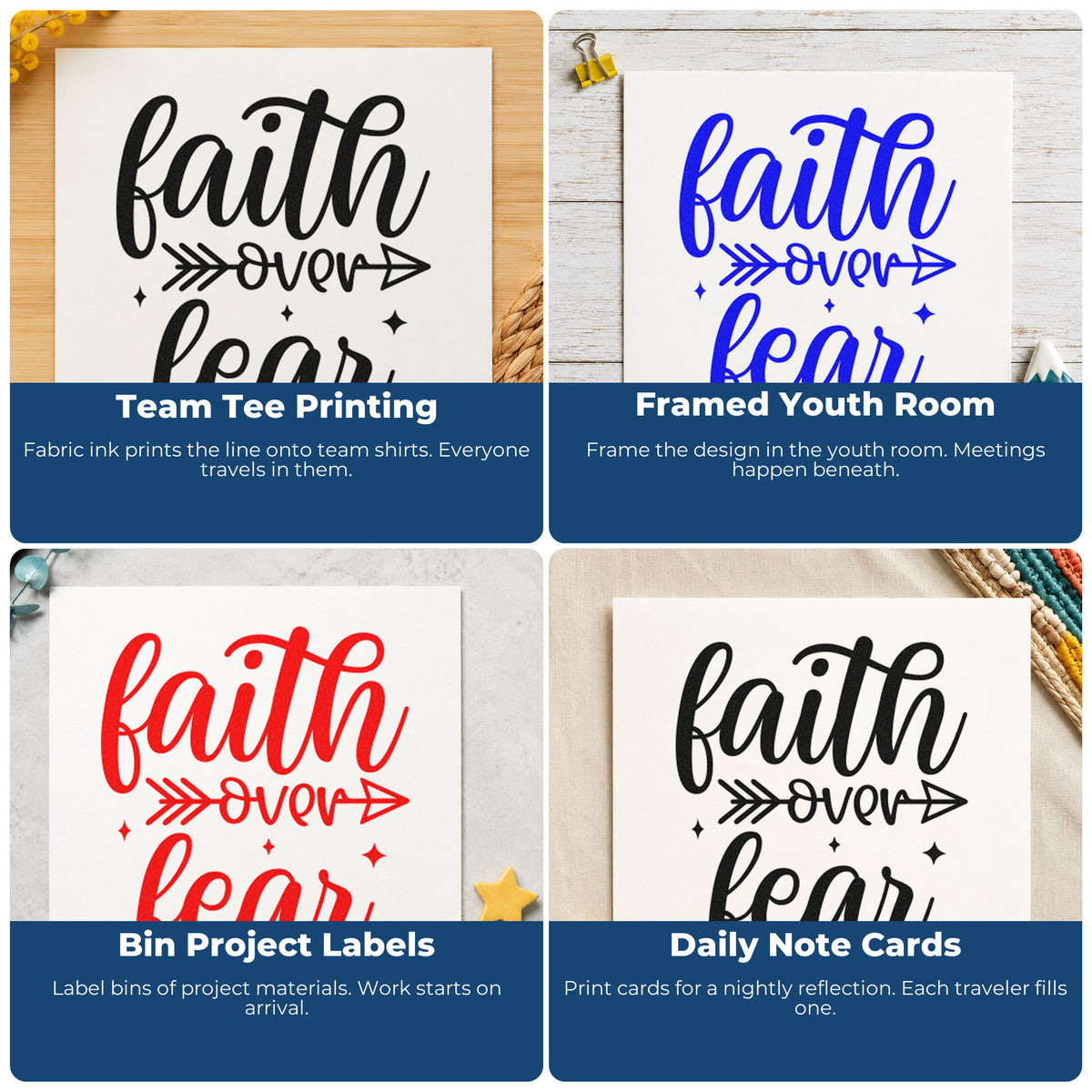 Four ways to use the Vintage Pro Faith Over Fear Arrow Premium Wooden Stamp: team tee printing, framed youth room, bin project labels and daily note cards.