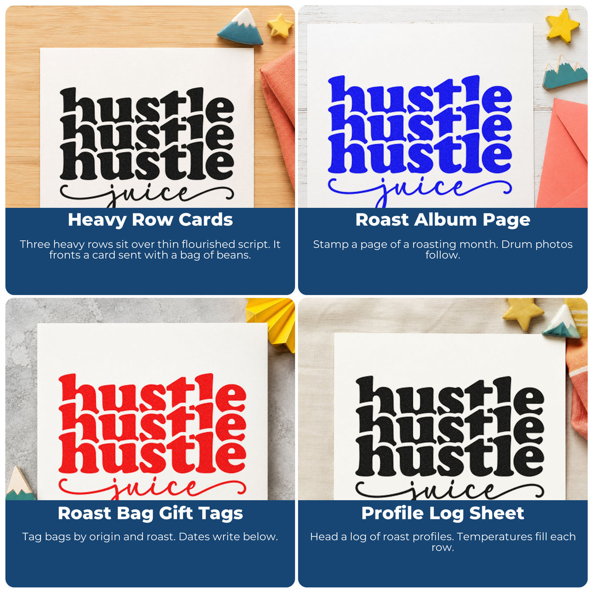 Four ways to use the Hustle Juice Repeated Lettering Premium Wooden Stamp - Vintage Pro: heavy row cards, roast album page, roast bag gift tags and profile log sheet.