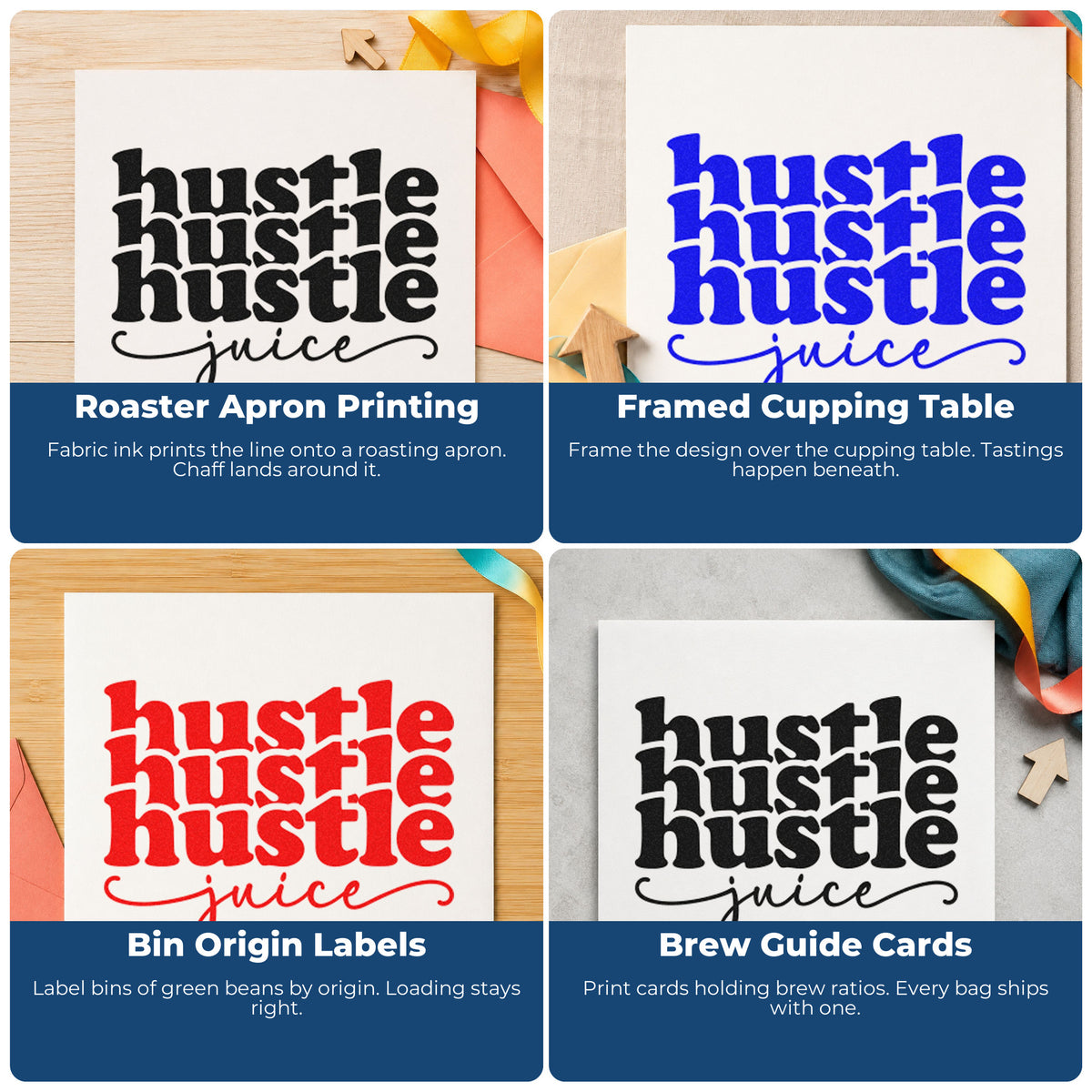 Four ways to use the Hustle Juice Repeated Lettering Premium Wooden Stamp - Vintage Pro: roaster apron printing, framed cupping table, bin origin labels and brew guide cards.
