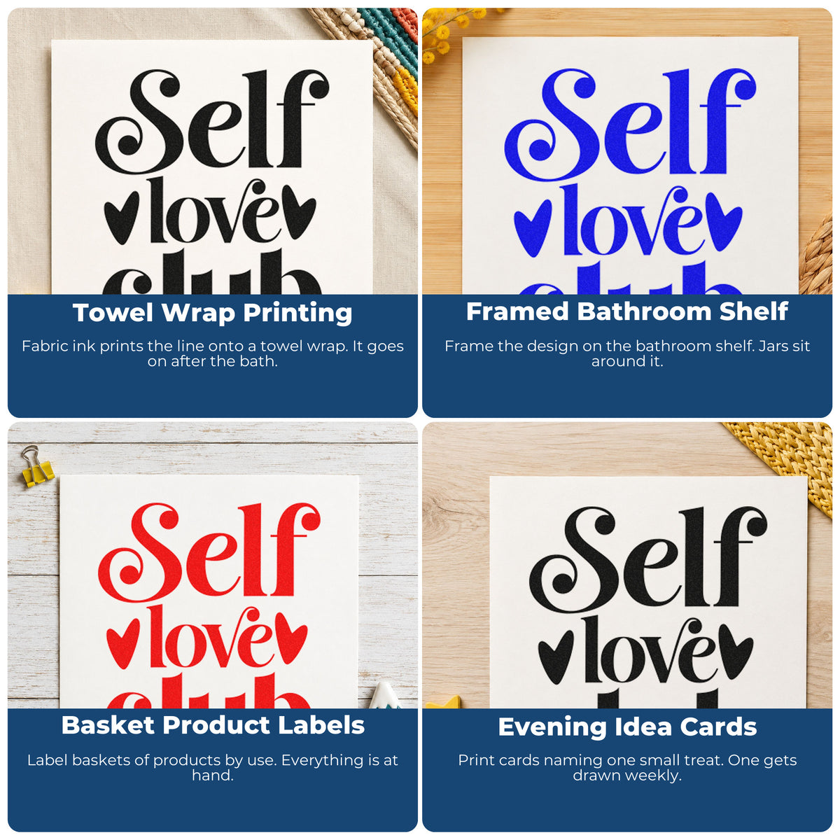 Four ways to use the Self Love Club Hearts Premium Wooden Stamp - Vintage Pro: towel wrap printing, framed bathroom shelf, basket product labels and evening idea cards.