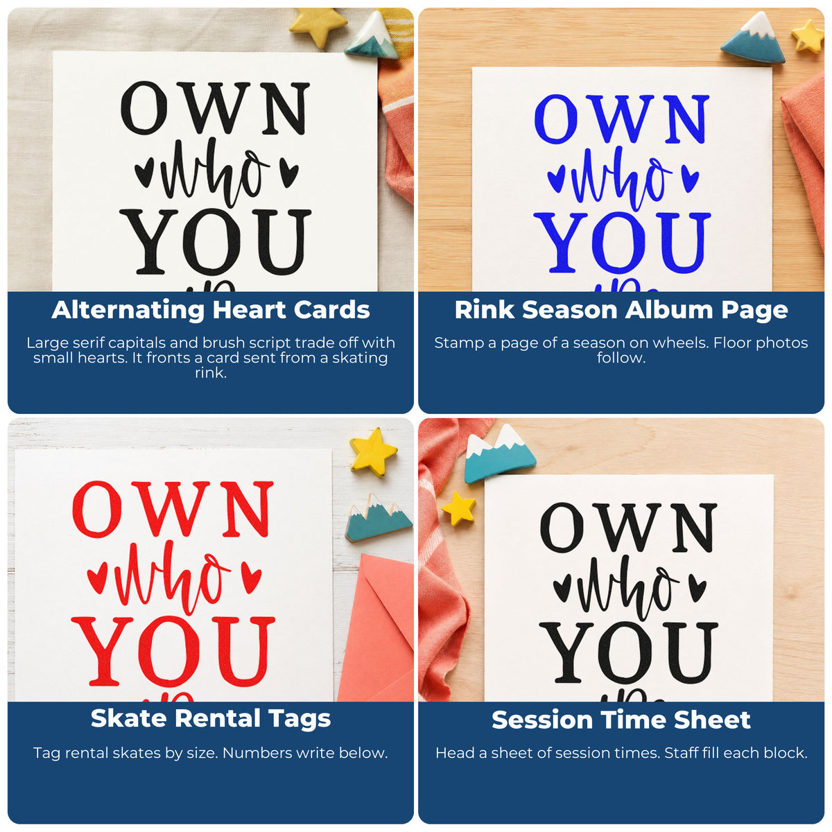 Four ways to use the Slim Pre-Inked Own Who You Are Stamp: alternating heart cards, rink season album page, skate rental tags and session time sheet.