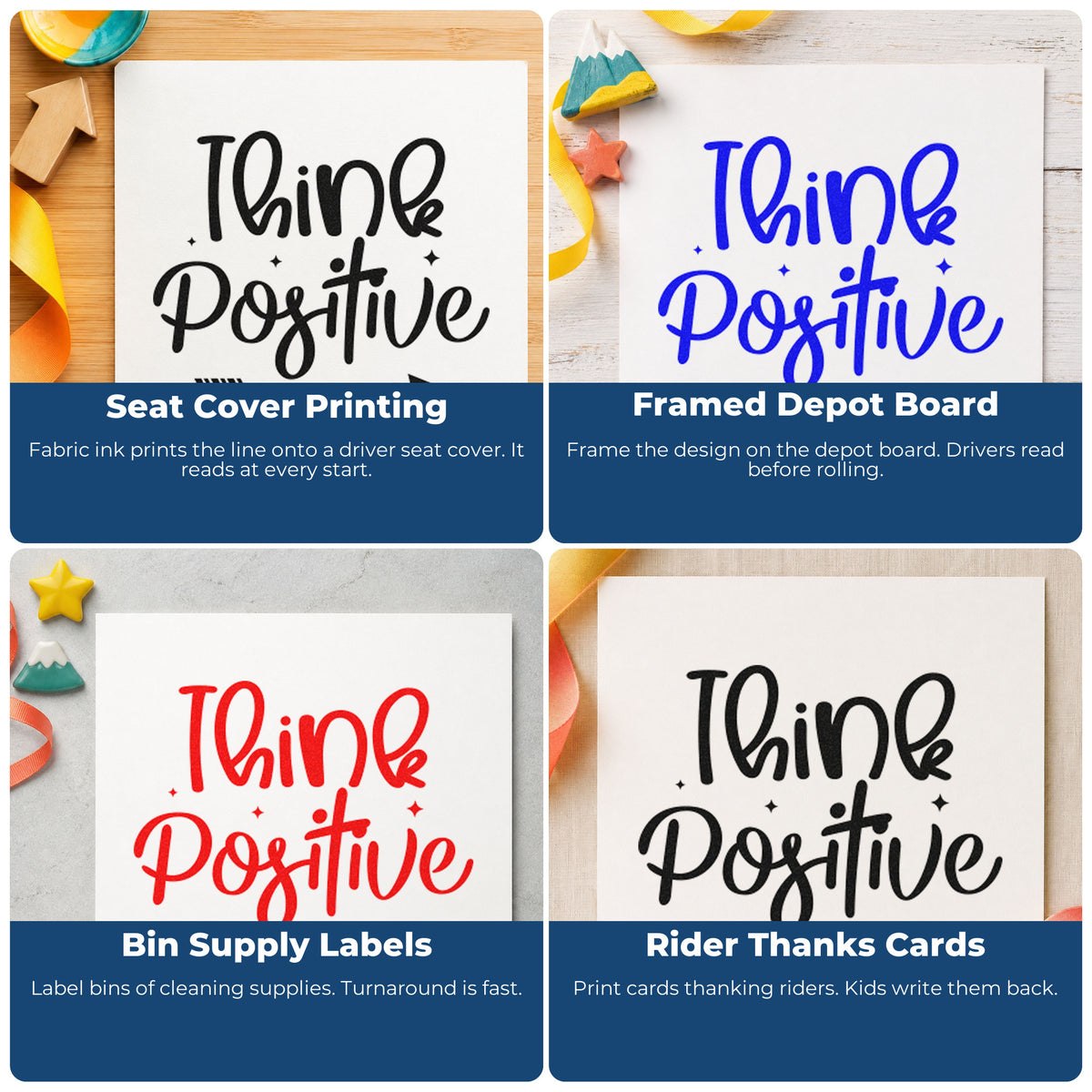 Four ways to use the Think Positive Arrow And Sparkles Premium Wooden Stamp - Vintage Pro: seat cover printing, framed depot board, bin supply labels and rider thanks cards.