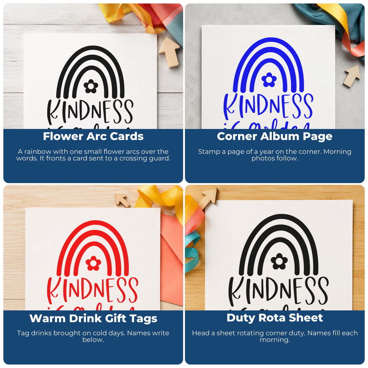 Four ways to use the Kindness Is Golden Rainbow Floral Accents PSI Pre-Inked Stamp: flower arc cards, corner album page, warm drink gift tags and duty rota sheet.