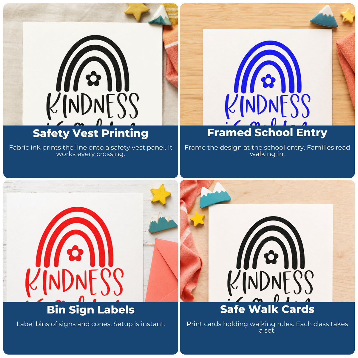 Four ways to use the Kindness Is Golden Rainbow Floral Accents PSI Pre-Inked Stamp: safety vest printing, framed school entry, bin sign labels and safe walk cards.