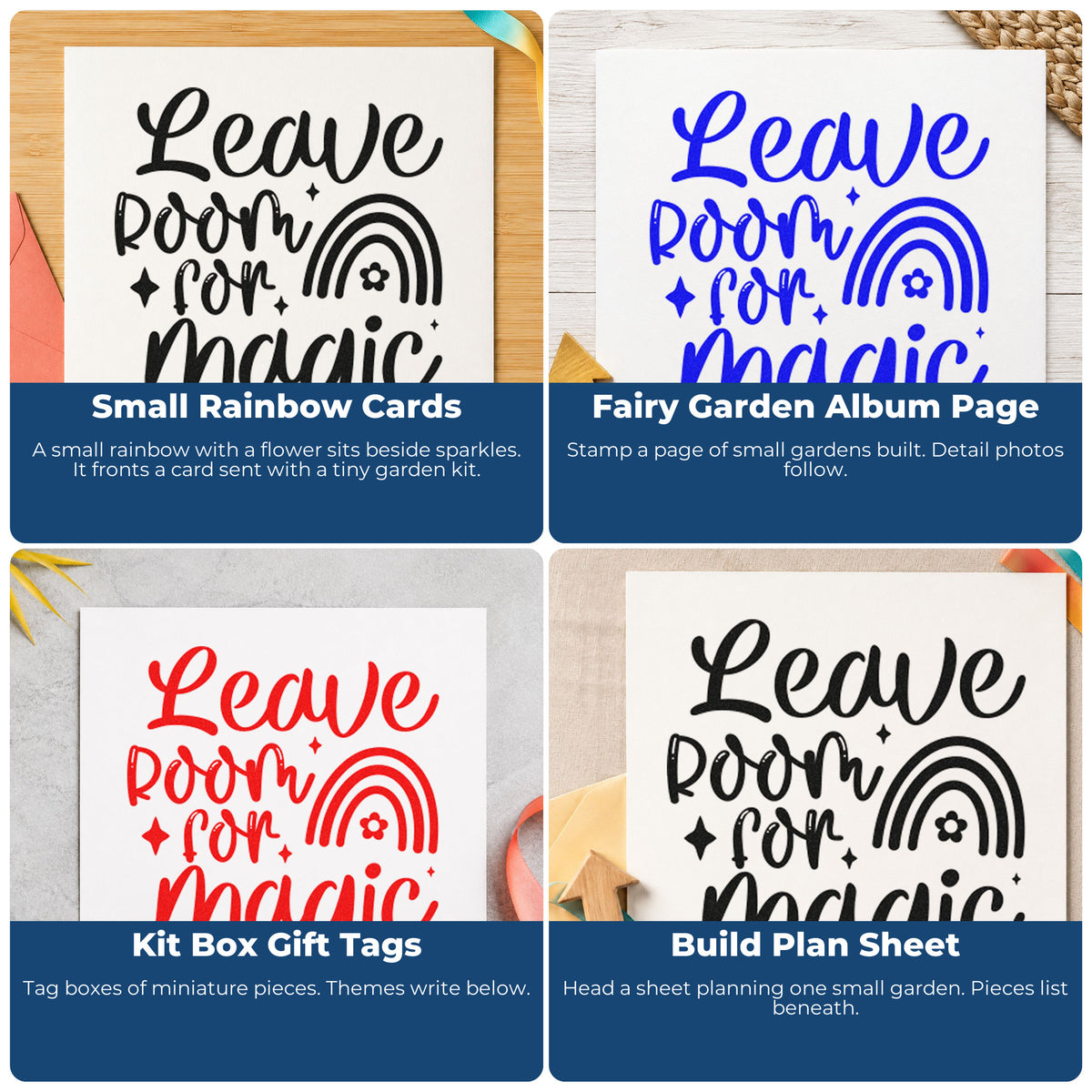 Four ways to use the Leave Room For Magic Rainbow Premium Wood-Mounted Stamp - Vintage Pro: small rainbow cards, fairy garden album page, kit box gift tags and build plan sheet.