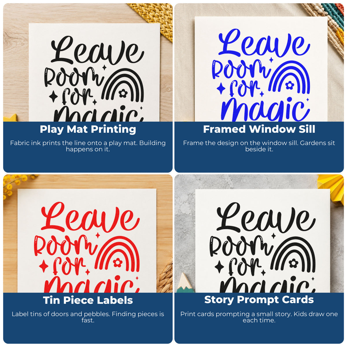 Four ways to use the Leave Room For Magic Rainbow Premium Wood-Mounted Stamp - Vintage Pro: play mat printing, framed window sill, tin piece labels and story prompt cards.
