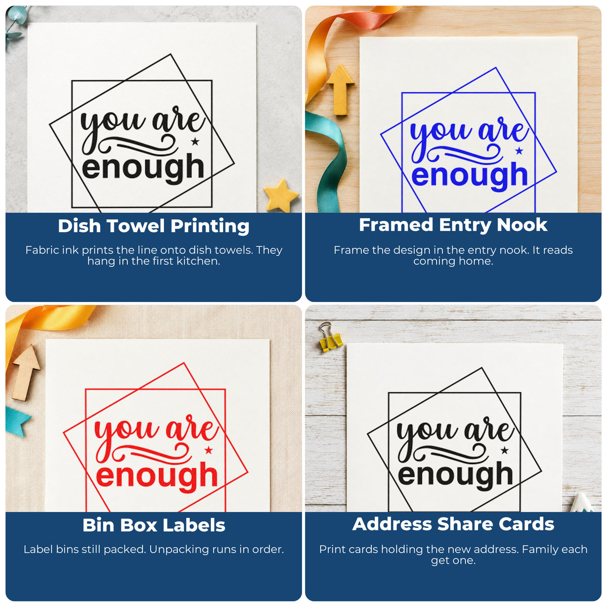 Four ways to use the You Are Enough Overlapping Squares With Sparkles Rubber Stamp – Wood Handle: dish towel printing, framed entry nook, bin box labels and address share cards.