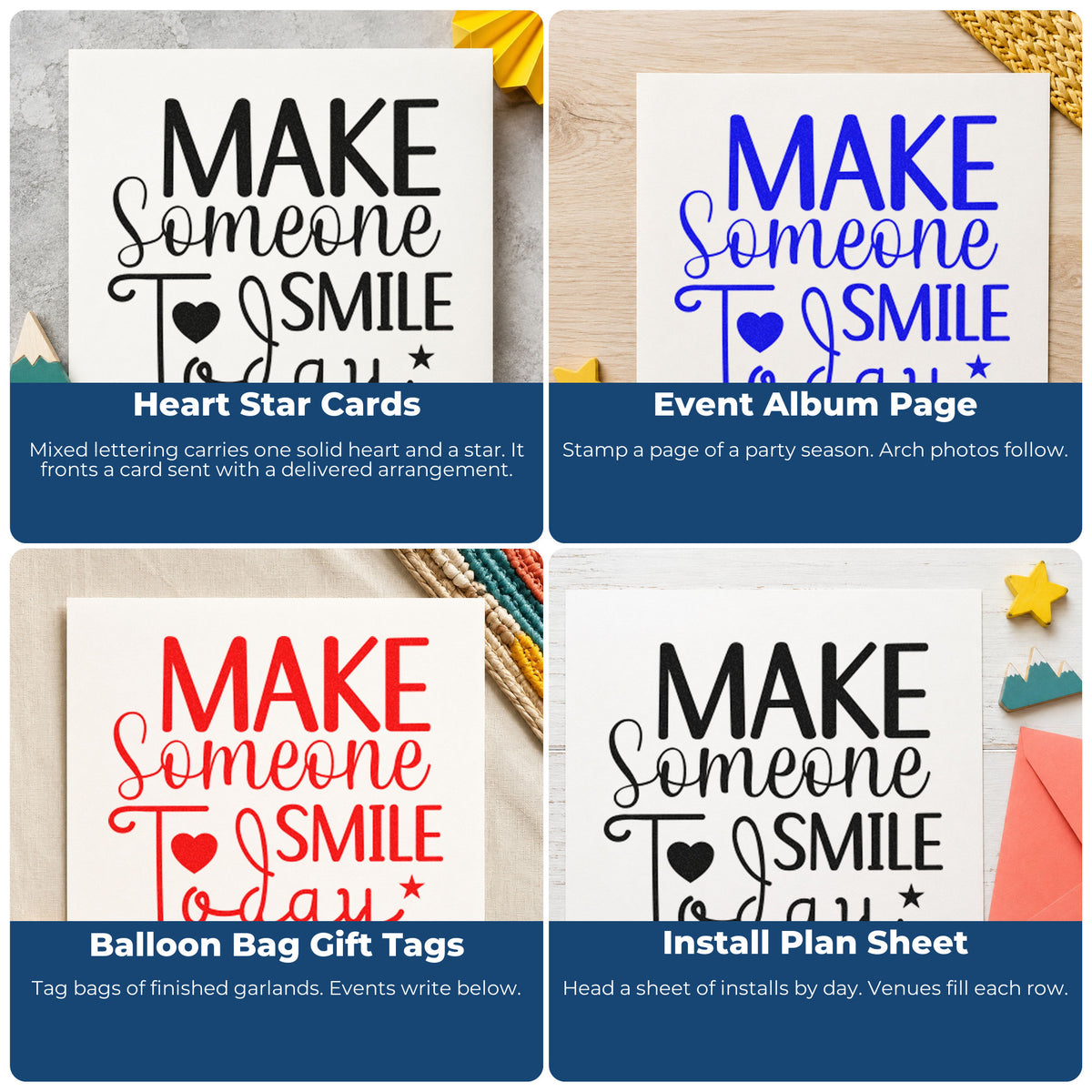 Four ways to use the Make Someone Smile Today With Stars Craft Stamp – Self-Inking: heart star cards, event album page, balloon bag gift tags and install plan sheet.