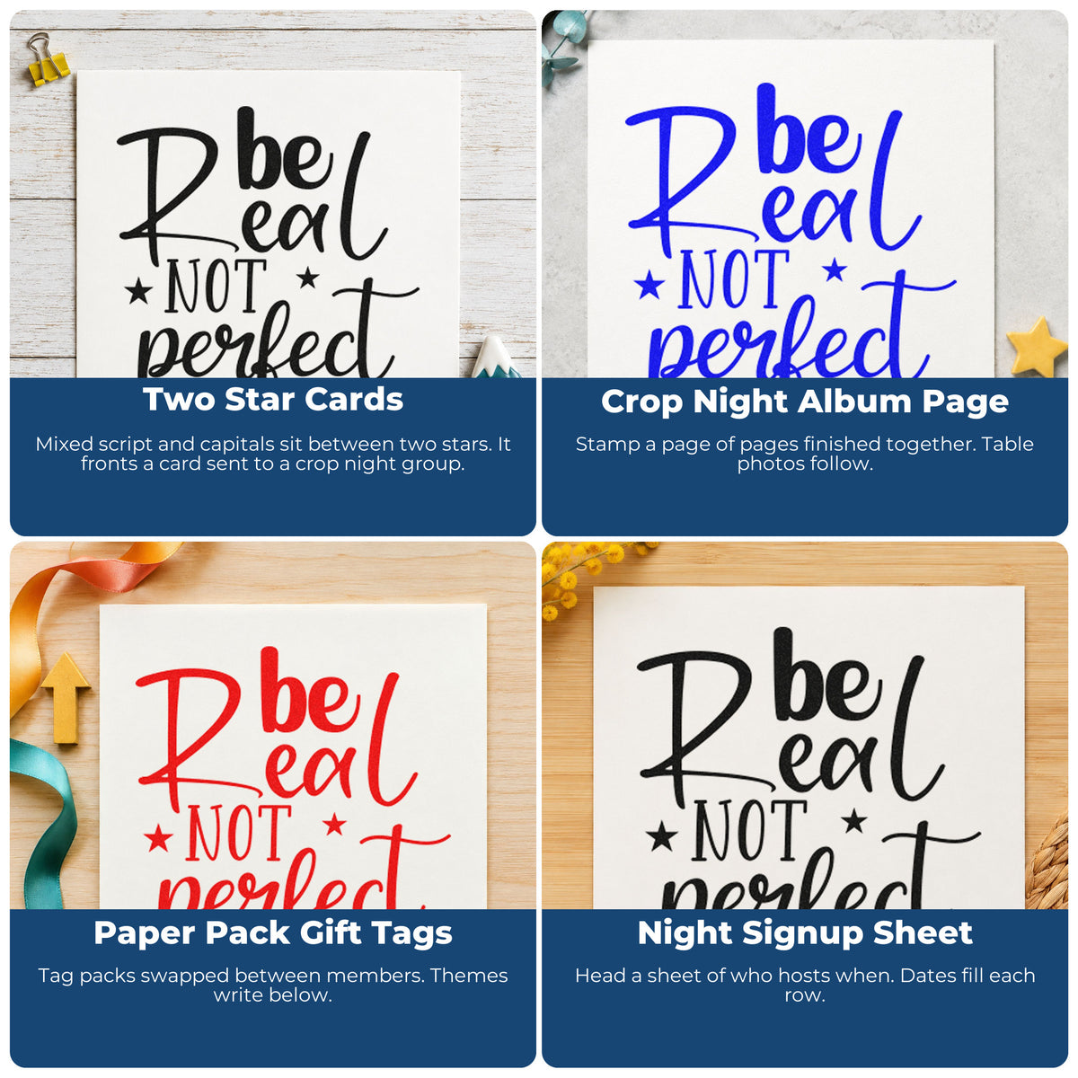 Four ways to use the Be Real Not Perfect Stars PSI Pre-Inked Stamp: two star cards, crop night album page, paper pack gift tags and night signup sheet.