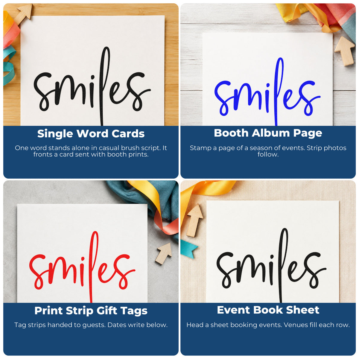 Four ways to use the Smiles Simple Brush Script Lettering Duo Hand Stamp: single word cards, booth album page, print strip gift tags and event book sheet.