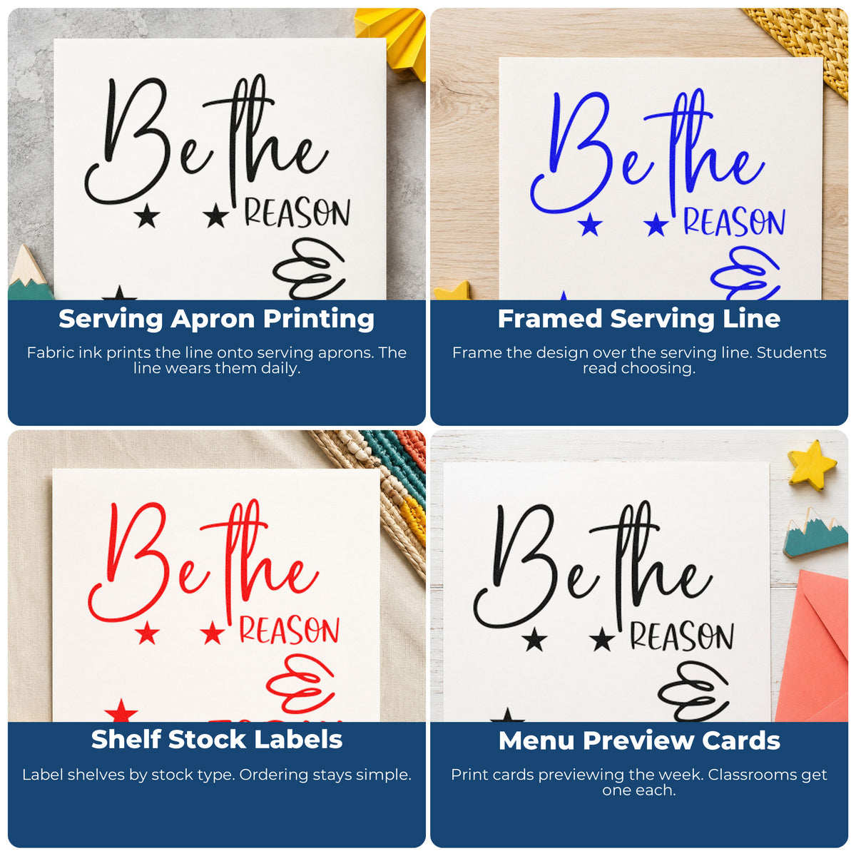 Four ways to use the Be The Reason Today Premium Wooden Stamp - Vintage Pro: serving apron printing, framed serving line, shelf stock labels and menu preview cards.