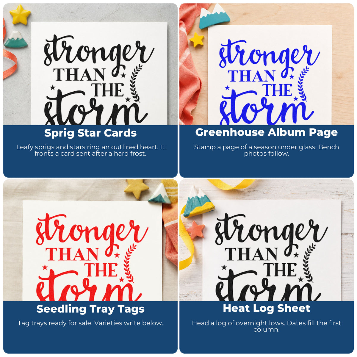 Four ways to use the Stronger Than The Storm Leaves Premium Wood-Mounted Stamp - Vintage Pro: sprig star cards, greenhouse album page, seedling tray tags and heat log sheet.