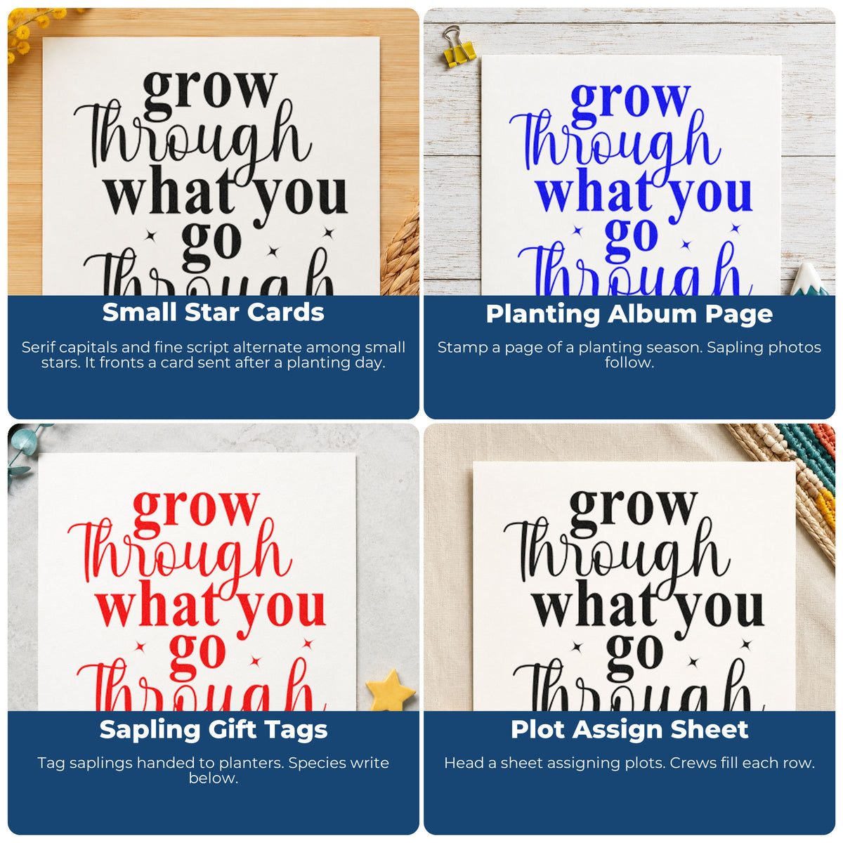 Four ways to use the Grow Through What You Go Self-Inking Stamp: small star cards, planting album page, sapling gift tags and plot assign sheet.