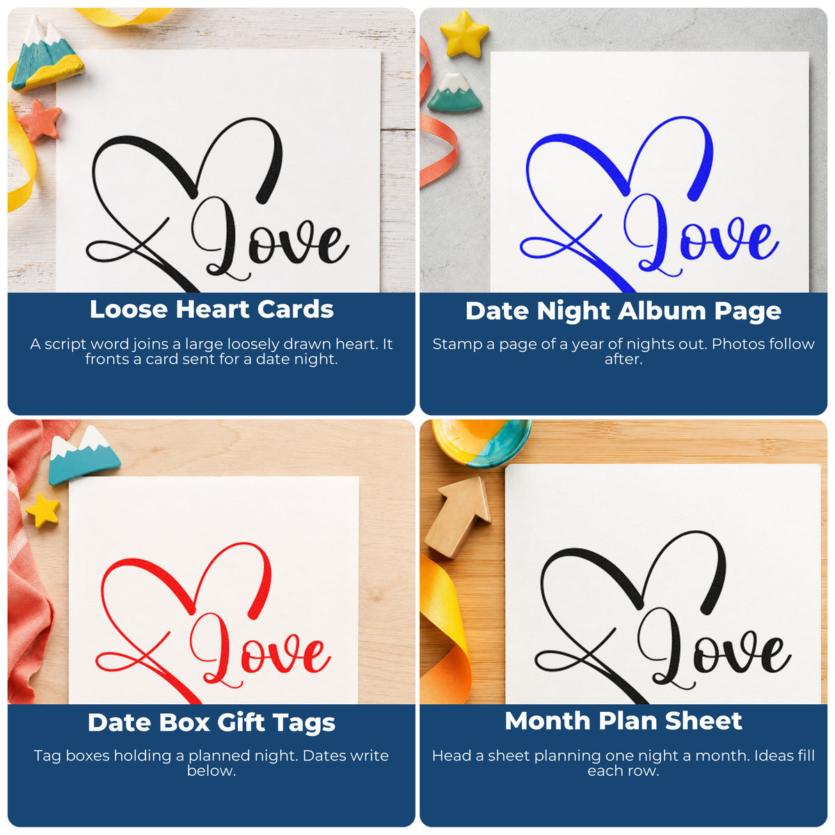 Four ways to use the Love Heart Outline Rubber Stamp – Duo Hand: loose heart cards, date night album page, date box gift tags and month plan sheet.