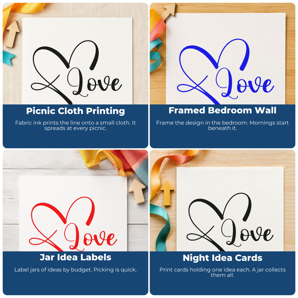 Four ways to use the Love Heart Outline Compact Pre-Inked Stamp – Slim: picnic cloth printing, framed bedroom wall, jar idea labels and night idea cards.