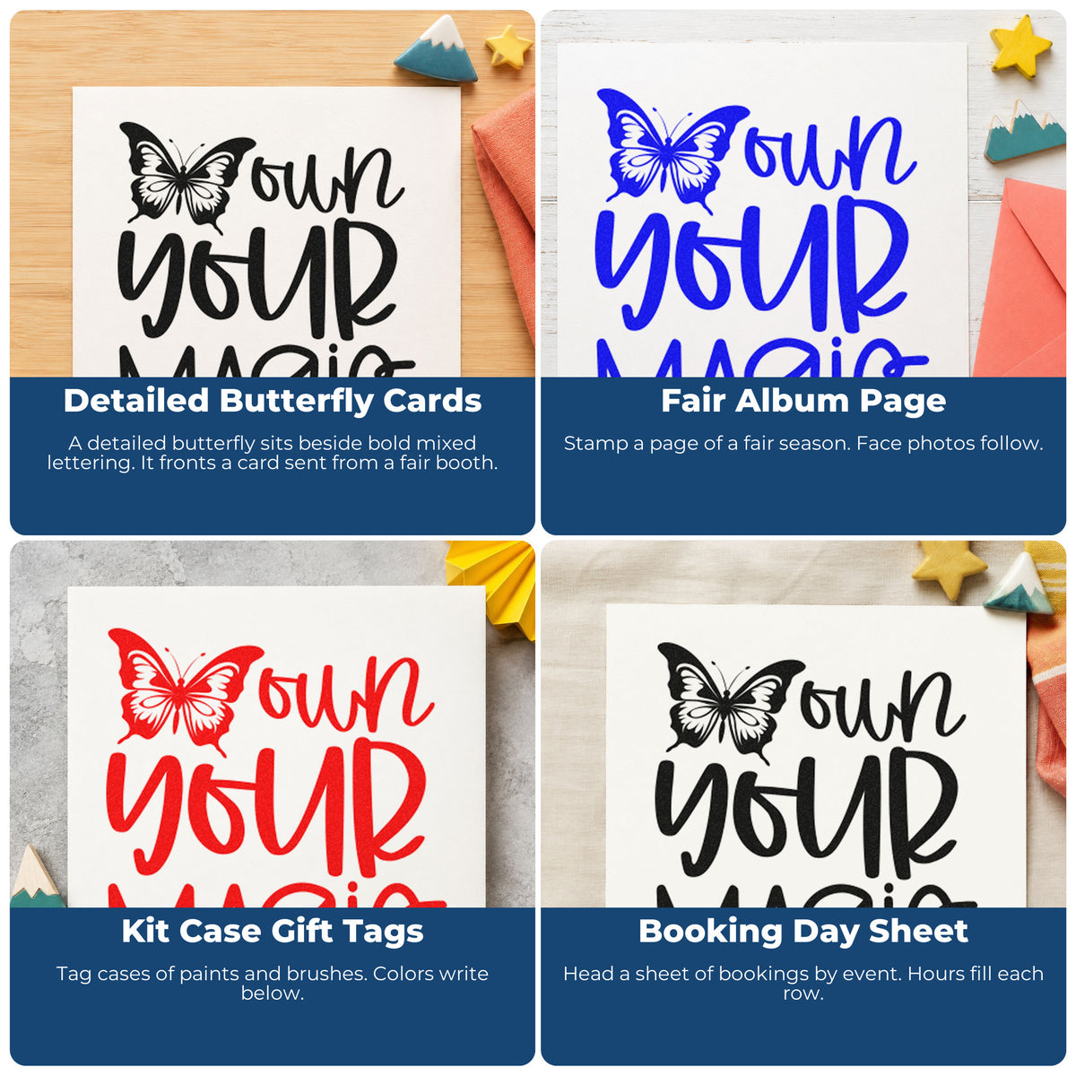 Four ways to use the Own Your Magic Butterfly Lettering Duo Hand Stamp: detailed butterfly cards, fair album page, kit case gift tags and booking day sheet.