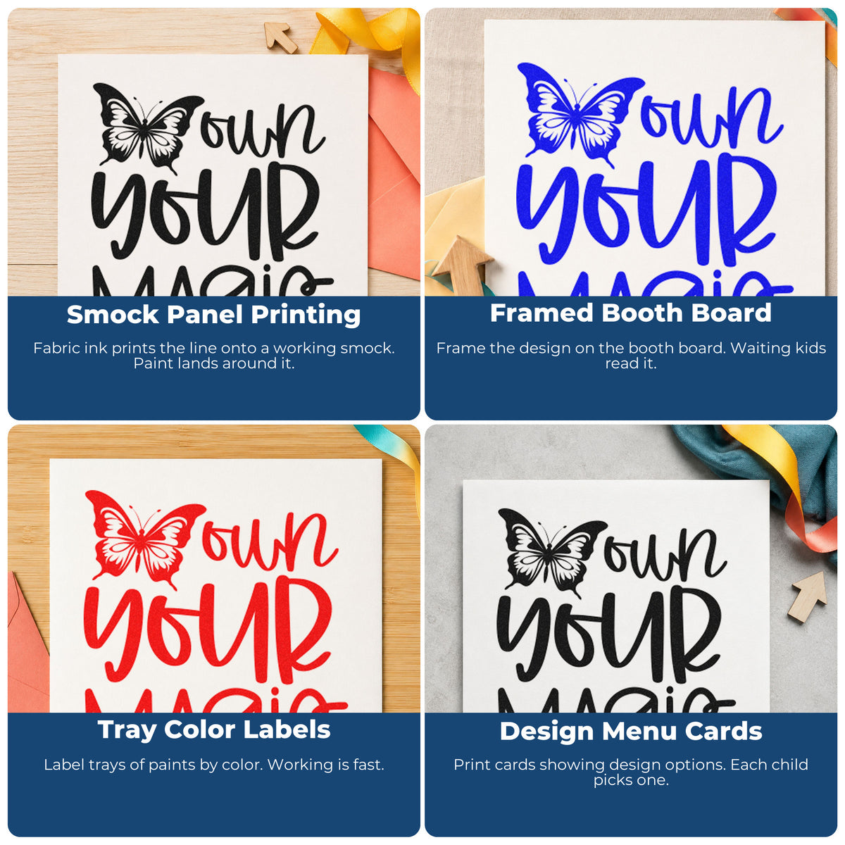 Four ways to use the Own Your Magic Butterfly Lettering Duo Hand Stamp: smock panel printing, framed booth board, tray color labels and design menu cards.