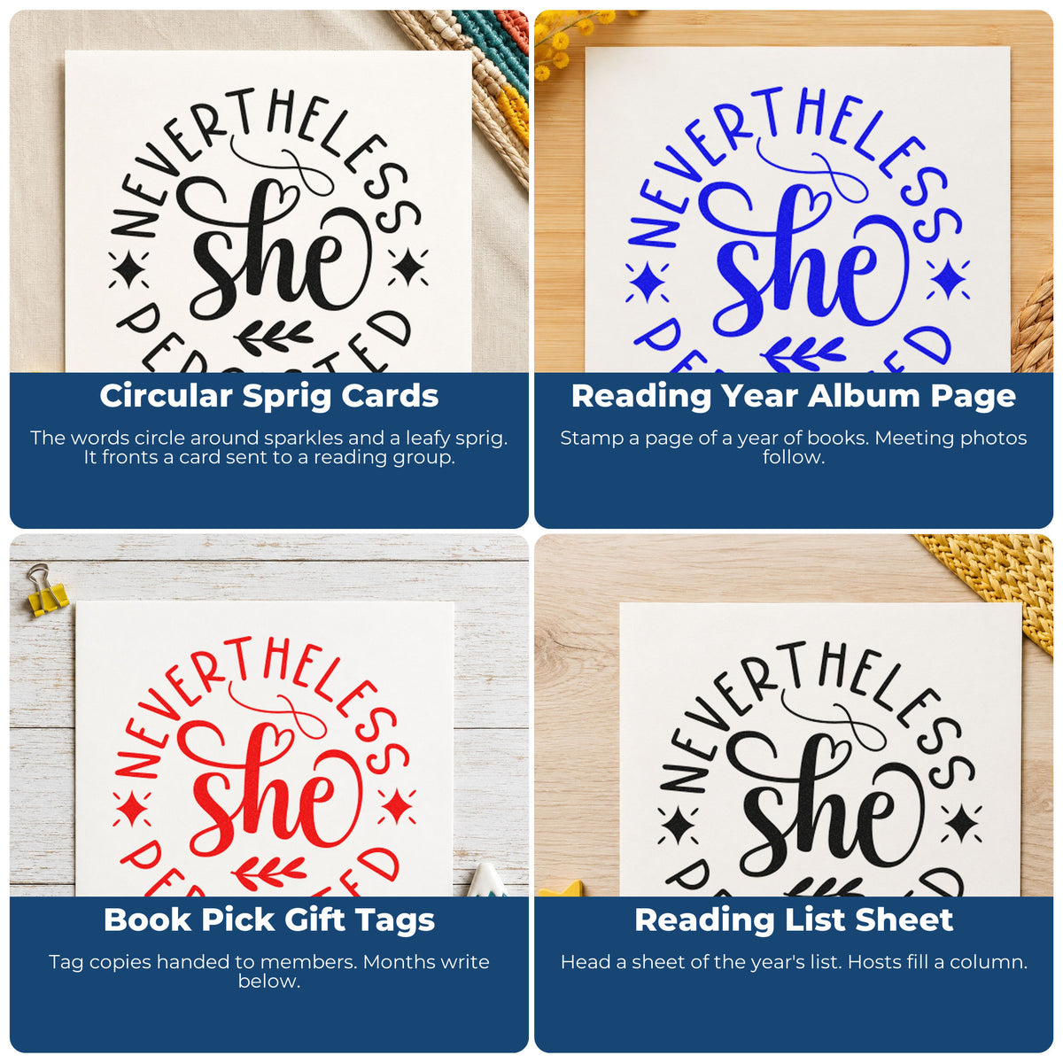 Four ways to use the Nevertheless She Persisted Circle Rubber Stamp – Duo Hand: circular sprig cards, reading year album page, book pick gift tags and reading list sheet.