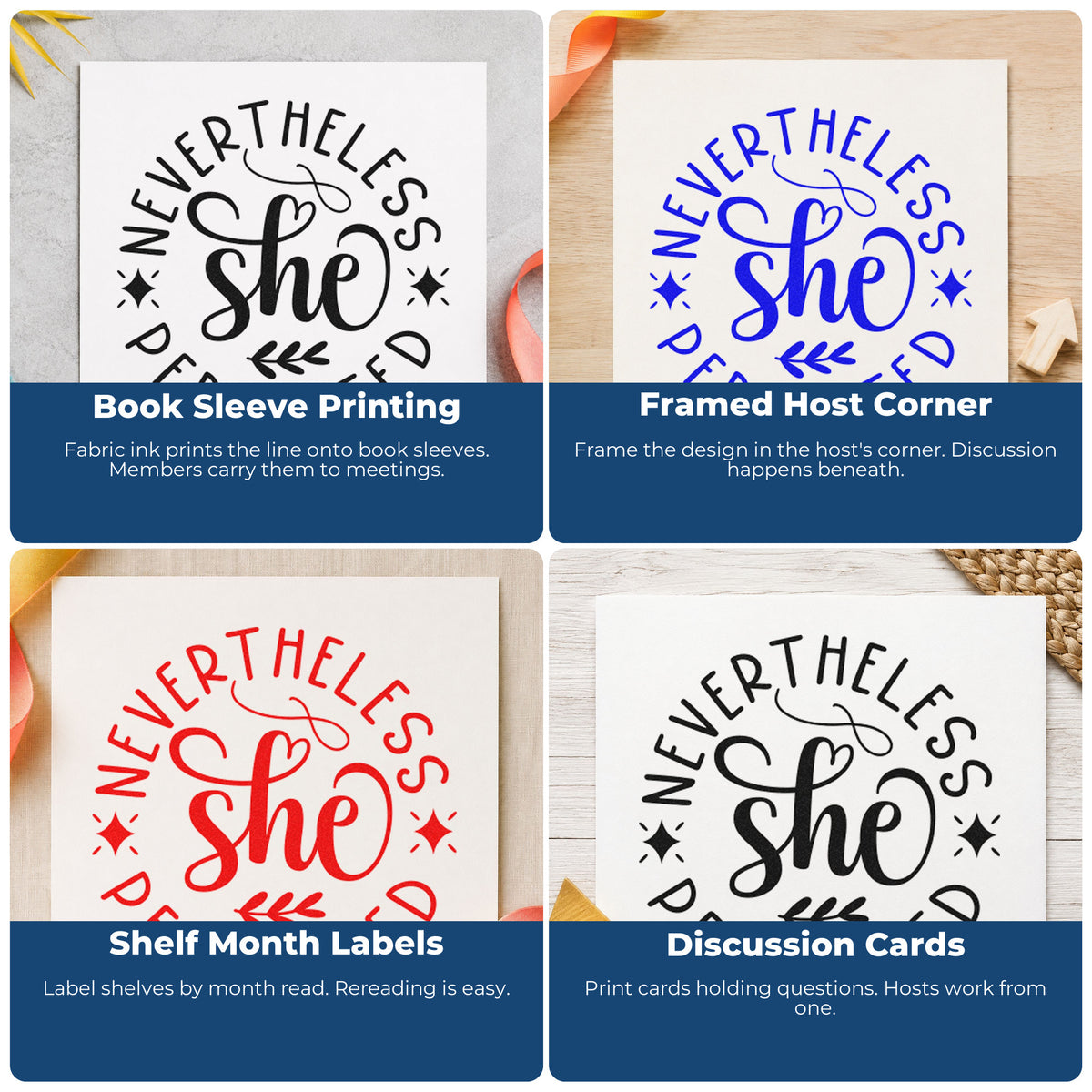 Four ways to use the Nevertheless She Persisted Circle Rubber Stamp – Duo Hand: book sleeve printing, framed host corner, shelf month labels and discussion cards.