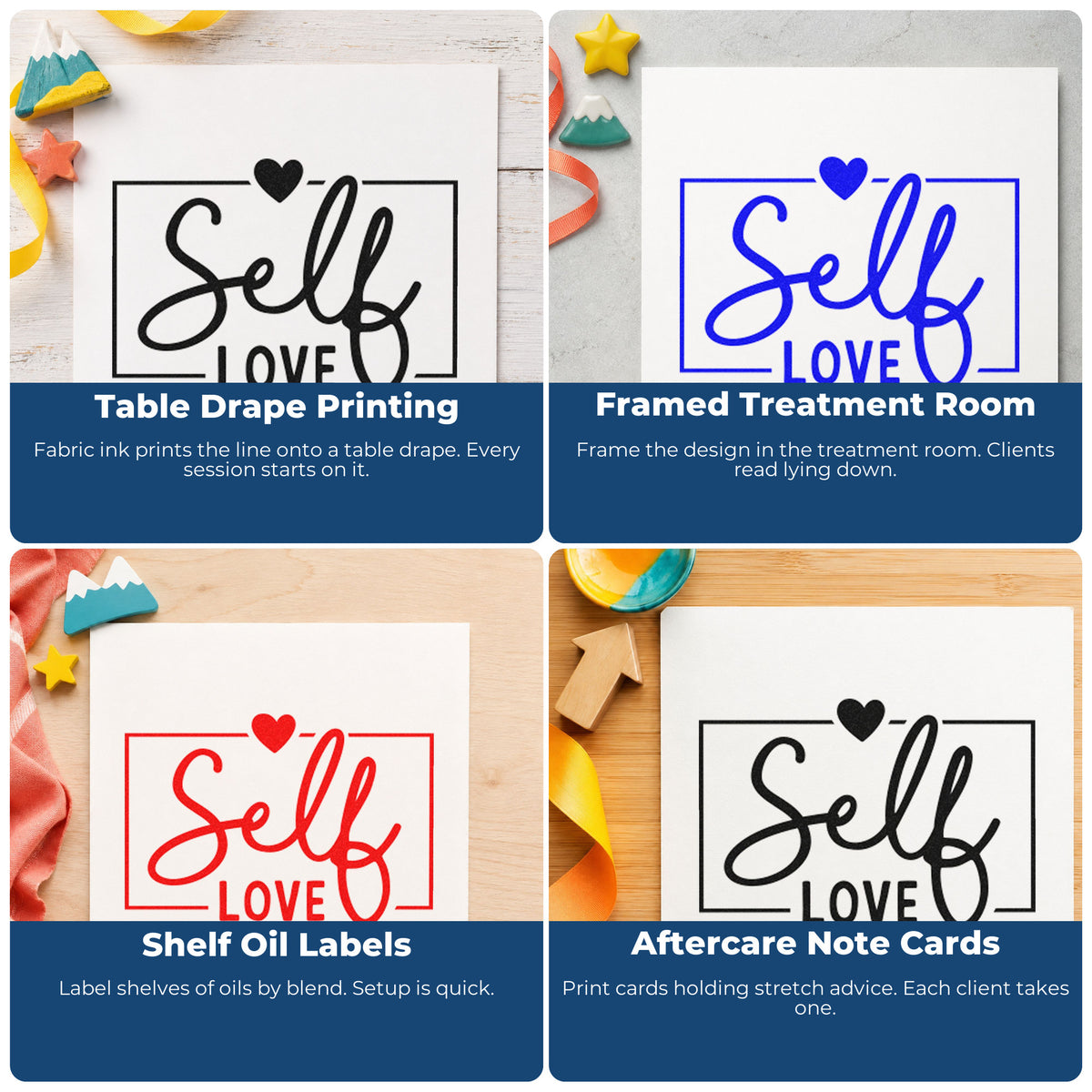 Four ways to use the Self Love Framed Heart Wood-Mounted Rubber Stamp: table drape printing, framed treatment room, shelf oil labels and aftercare note cards.