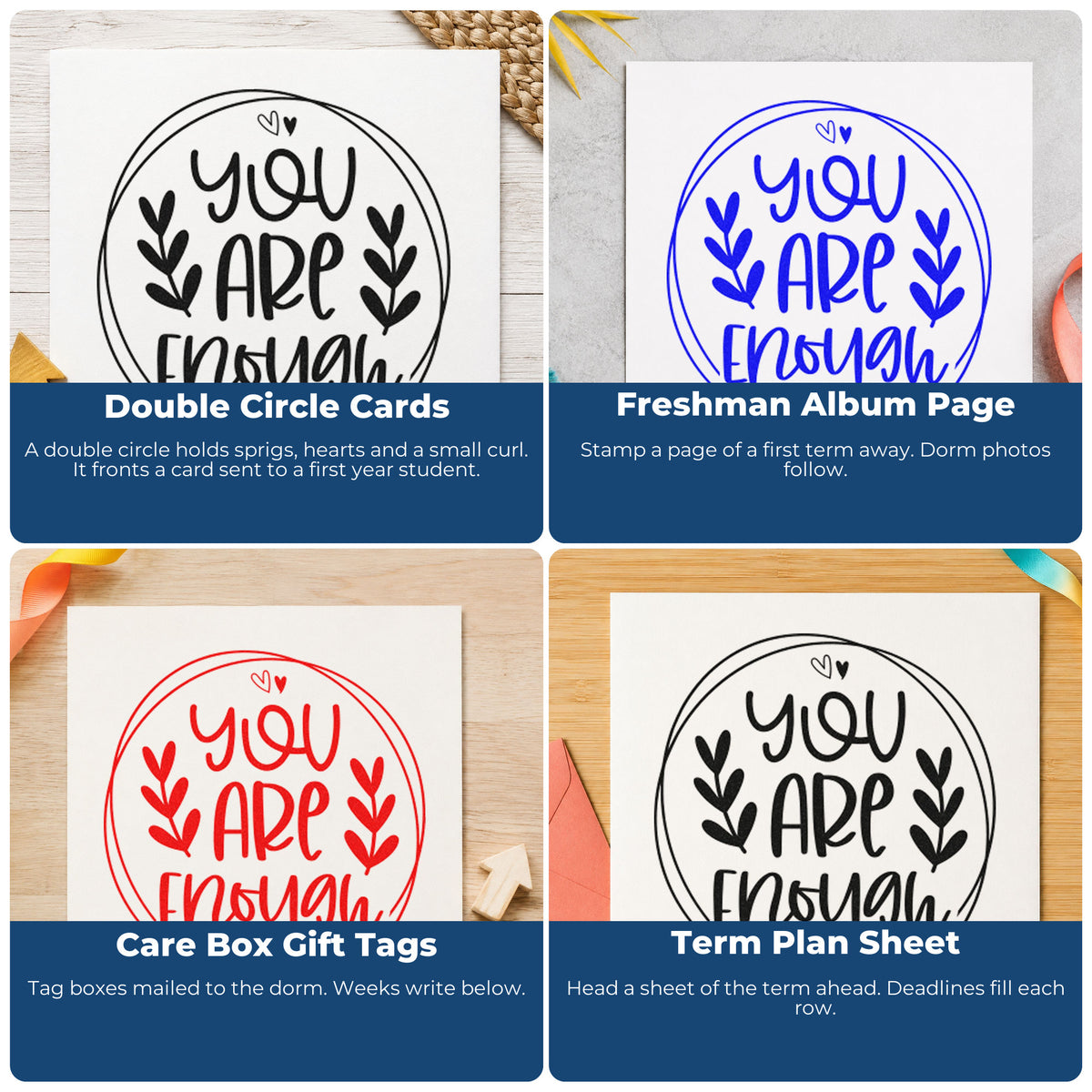 Four ways to use the You Are Enough Botanical Sprig Stamp - Premium Vintage Pro Wooden: double circle cards, freshman album page, care box gift tags and term plan sheet.