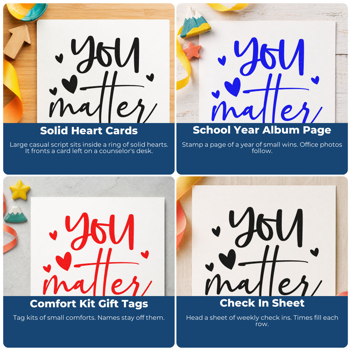 Four ways to use the Vintage Pro You Matter Scattered Hearts Premium Wooden Stamp: solid heart cards, school year album page, comfort kit gift tags and check in sheet.