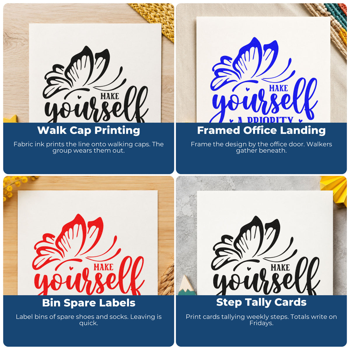 Four ways to use the Premium Wooden Make Yourself A Priority Butterfly With Hearts Stamp - Vintage Pro: walk cap printing, framed office landing, bin spare labels and step tally cards.