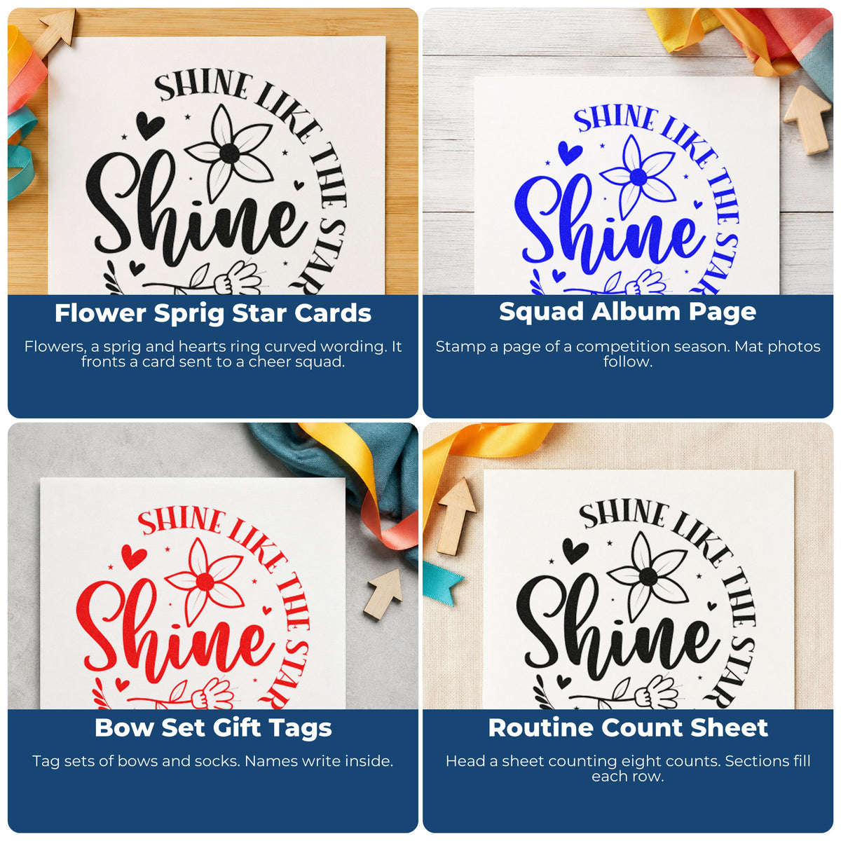 Four ways to use the Shine Like The Star You Are Self-Inking Stamp: flower sprig star cards, squad album page, bow set gift tags and routine count sheet.