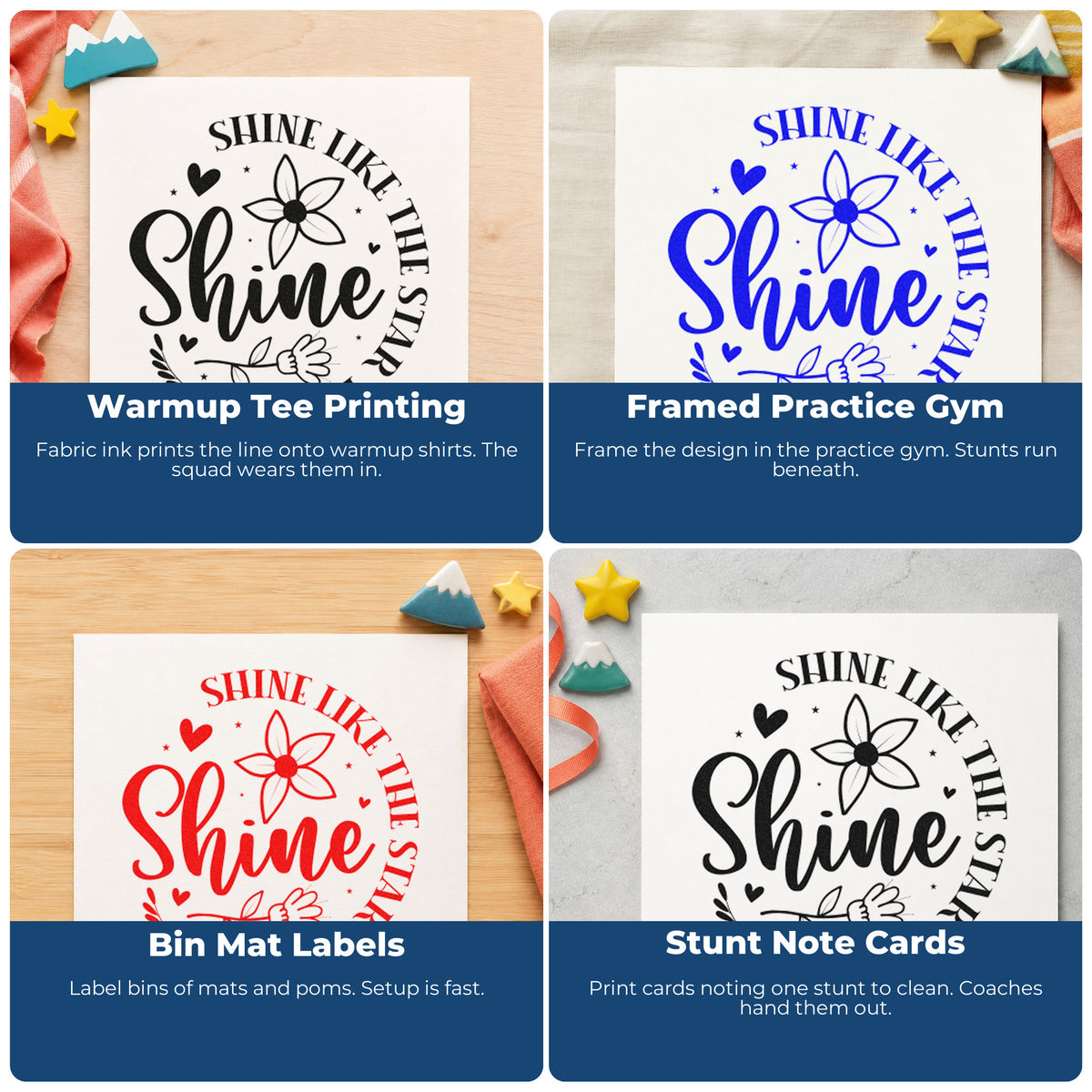 Four ways to use the Shine Like The Star You Are Stamp – PSI Pre-Inked: warmup tee printing, framed practice gym, bin mat labels and stunt note cards.