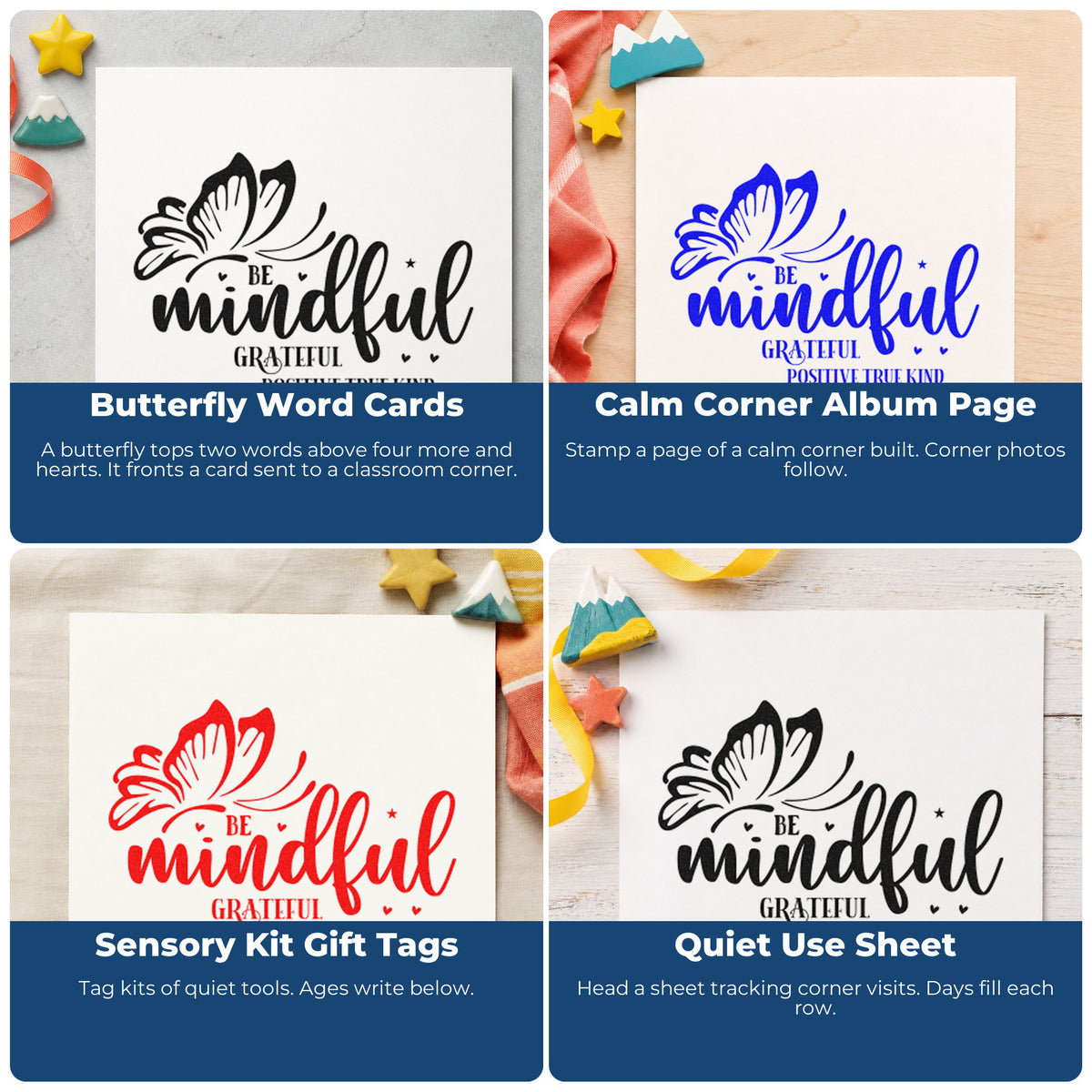 Four ways to use the Premium Wooden Be Mindful Butterfly Gratitude With Hearts Stamp - Vintage Pro: butterfly word cards, calm corner album page, sensory kit gift tags and quiet use sheet.