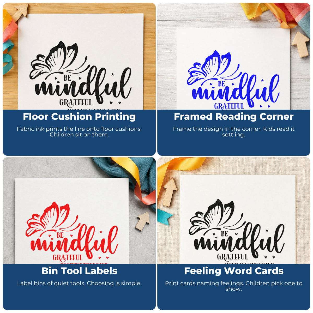 Four ways to use the Premium Wooden Be Mindful Butterfly Gratitude With Hearts Stamp - Vintage Pro: floor cushion printing, framed reading corner, bin tool labels and feeling word cards.