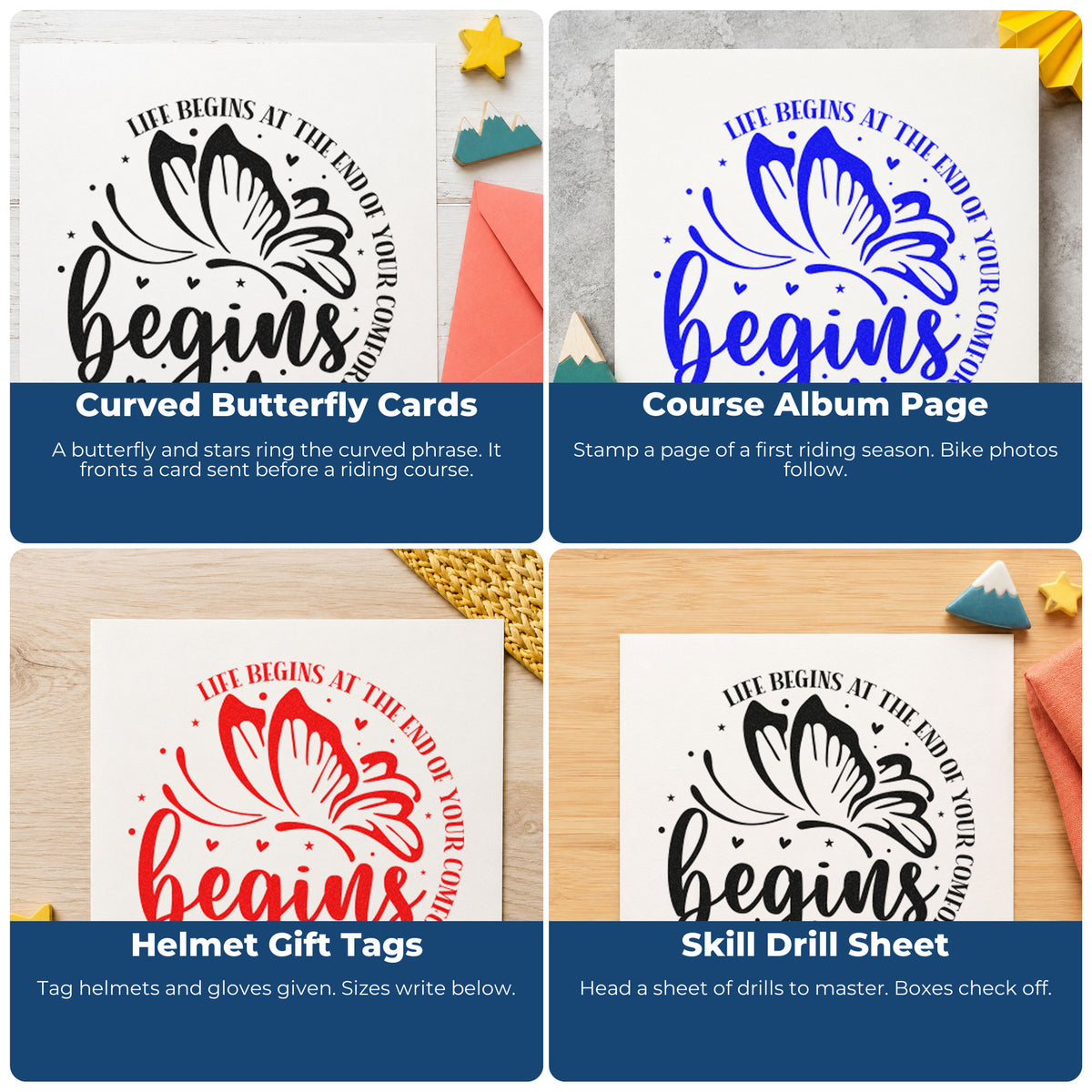 Four ways to use the Life Begins Comfort Zone Butterfly Compact Pre-Inked Stamp – Slim: curved butterfly cards, course album page, helmet gift tags and skill drill sheet.
