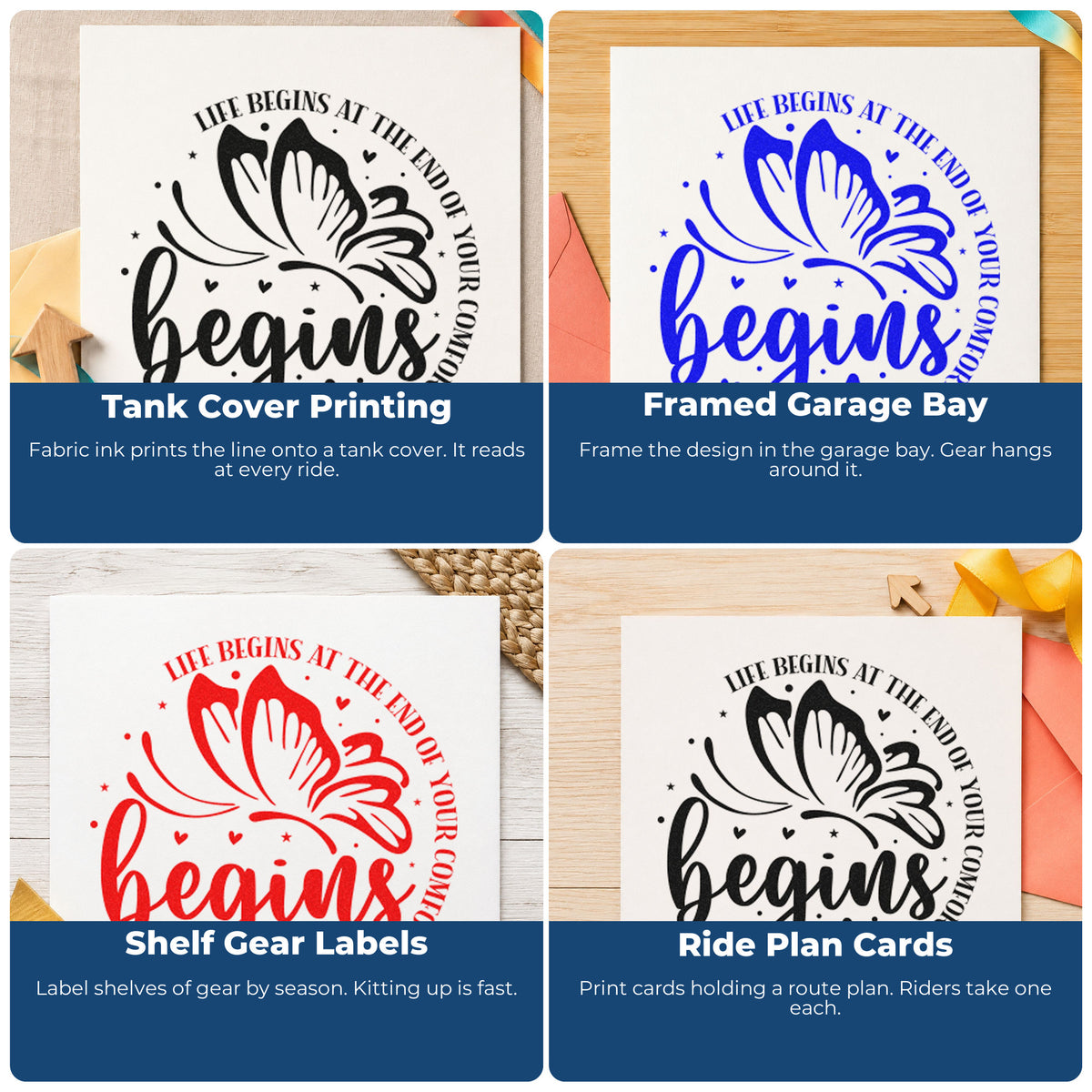 Four ways to use the Life Begins Comfort Zone Butterfly Compact Pre-Inked Stamp – Slim: tank cover printing, framed garage bay, shelf gear labels and ride plan cards.