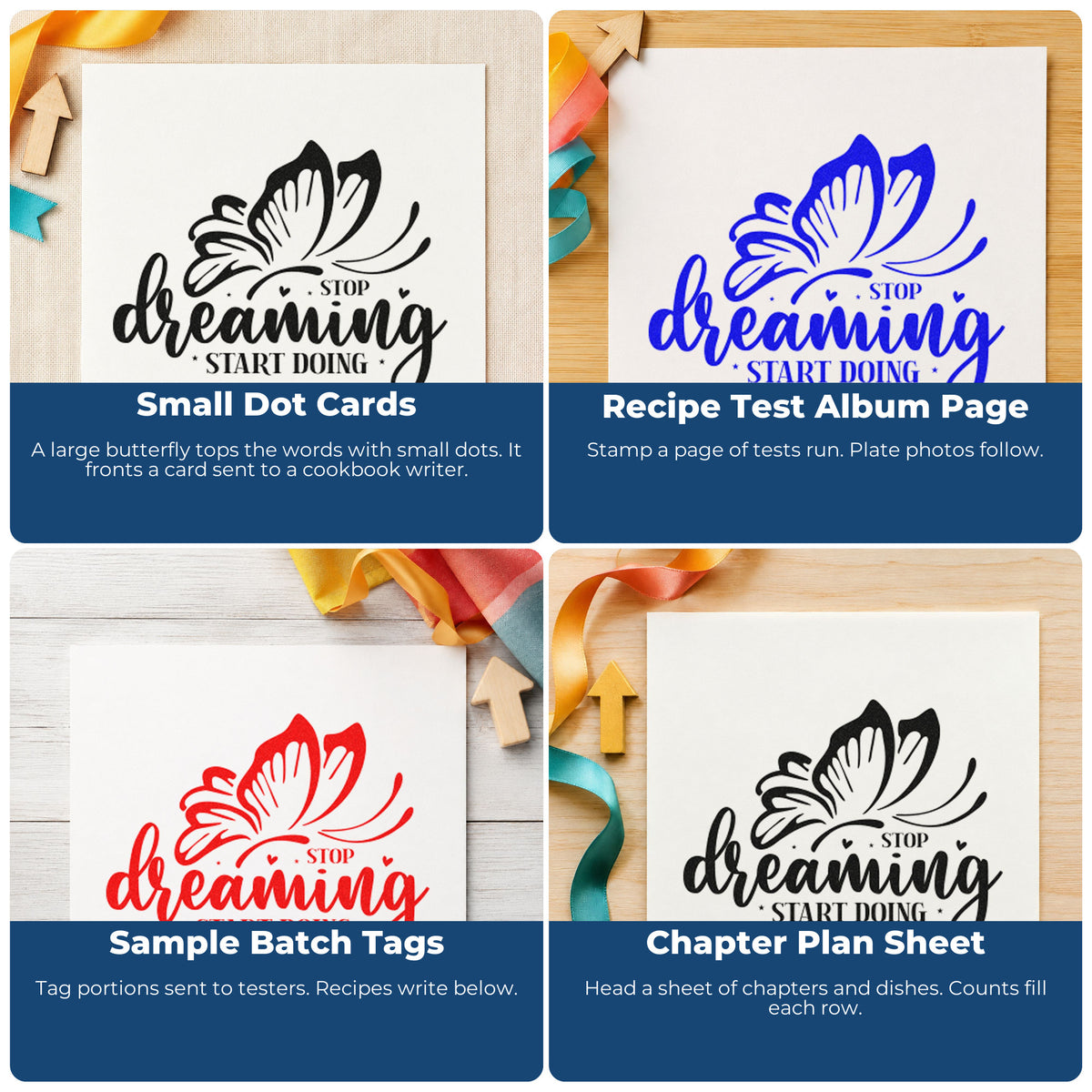 Four ways to use the Vintage Pro Stop Dreaming Start Doing Butterfly Premium Wooden Stamp: small dot cards, recipe test album page, sample batch tags and chapter plan sheet.