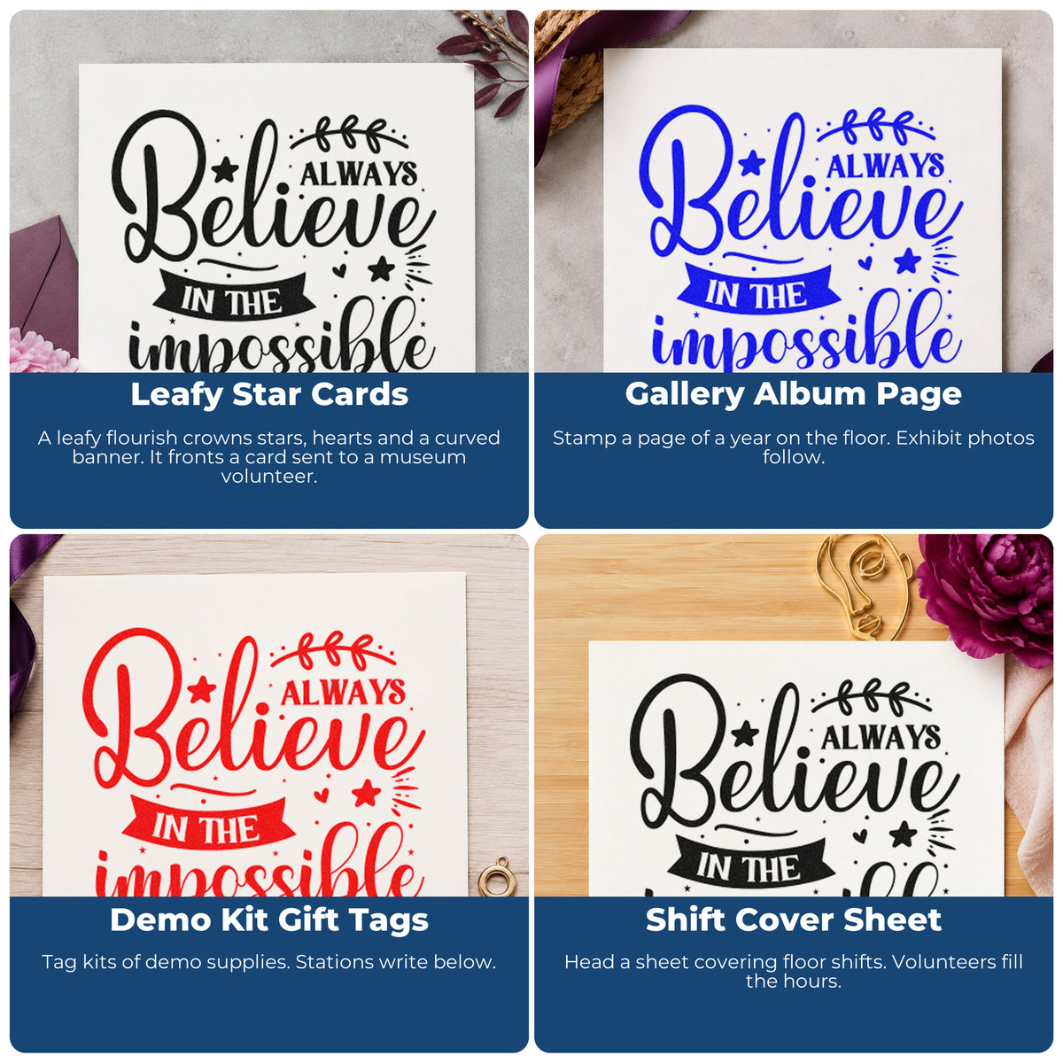 Four ways to use the Premium Wooden Always Believe In Impossible Stamp - Vintage Pro: leafy star cards, gallery album page, demo kit gift tags and shift cover sheet.