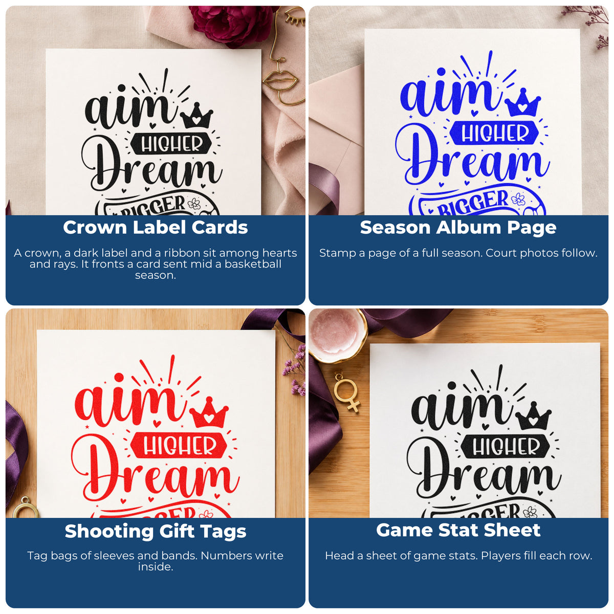 Four ways to use the Aim Higher Dream Bigger Crown Premium Wooden Stamp - Vintage Pro: crown label cards, season album page, shooting gift tags and game stat sheet.