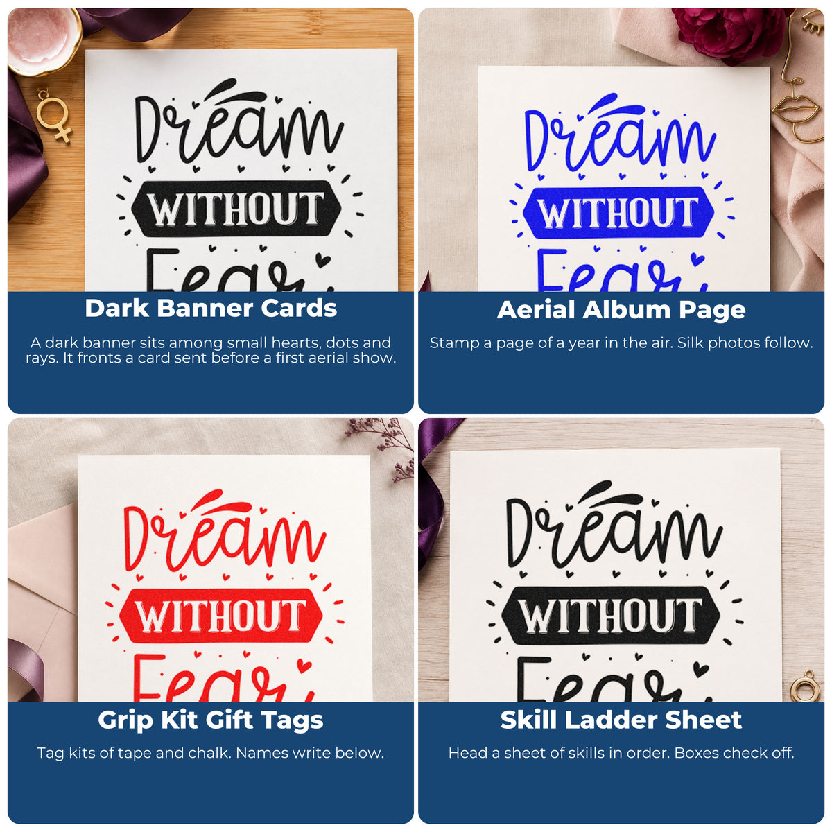 Four ways to use the Dream Without Fear Heart Banner Stamp – PSI Pre-Inked: dark banner cards, aerial album page, grip kit gift tags and skill ladder sheet.