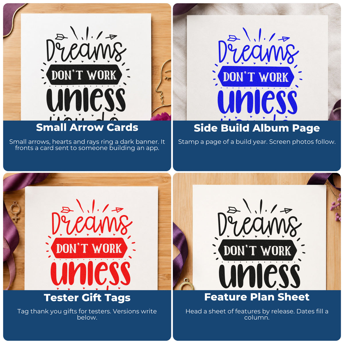 Four ways to use the Dreams Don't Work Unless You Do With Hearts Stamp – Slim Pre-Inked: small arrow cards, side build album page, tester gift tags and feature plan sheet.