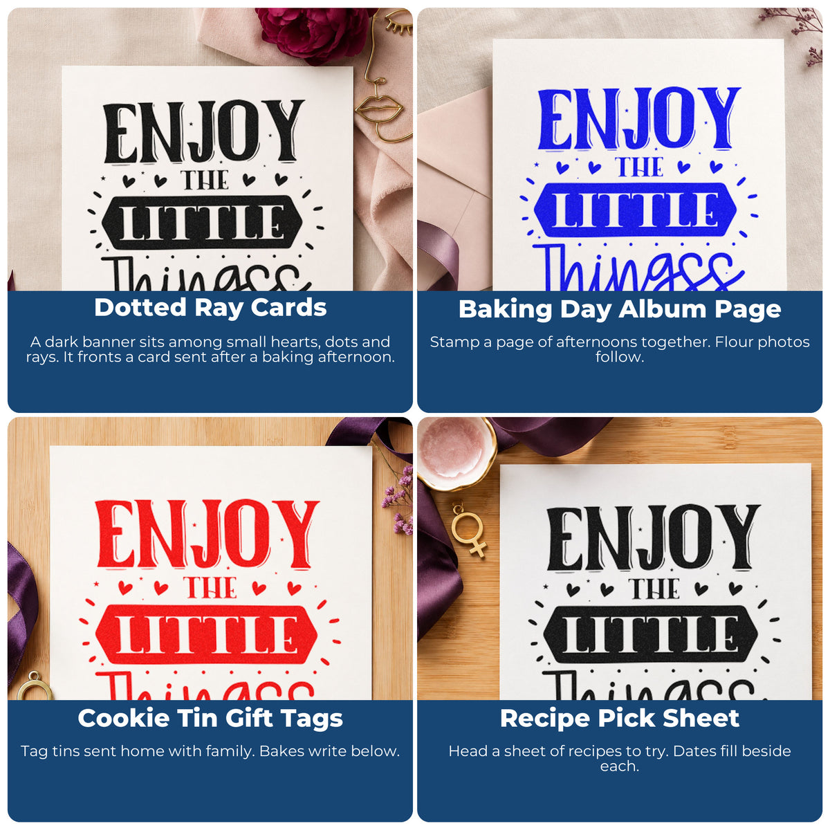 Four ways to use the Enjoy The Little Things Heart Accents Rubber Stamp – Wood Handle: dotted ray cards, baking day album page, cookie tin gift tags and recipe pick sheet.