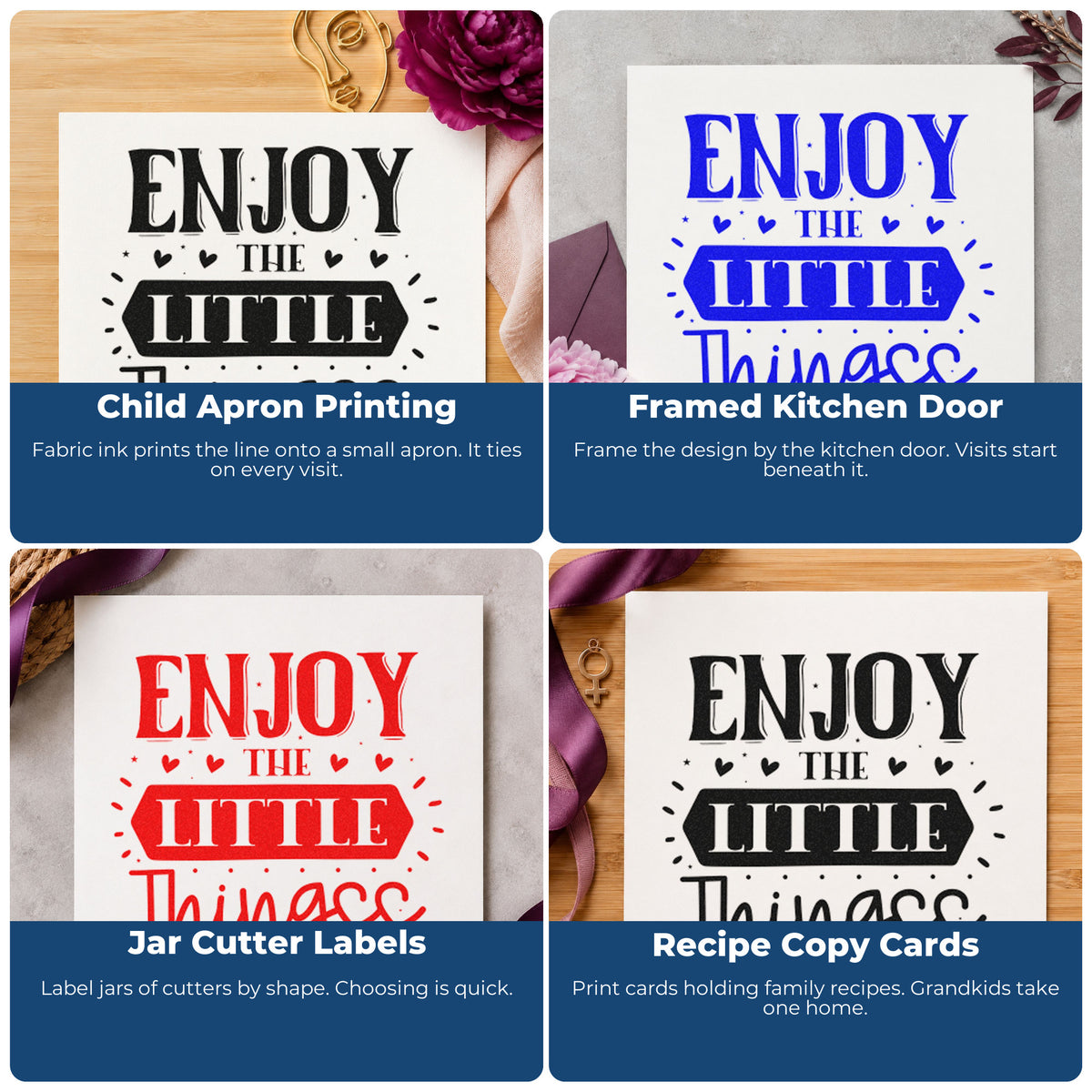 Four ways to use the Enjoy The Little Things Heart Accents Rubber Stamp – Wood Handle: child apron printing, framed kitchen door, jar cutter labels and recipe copy cards.