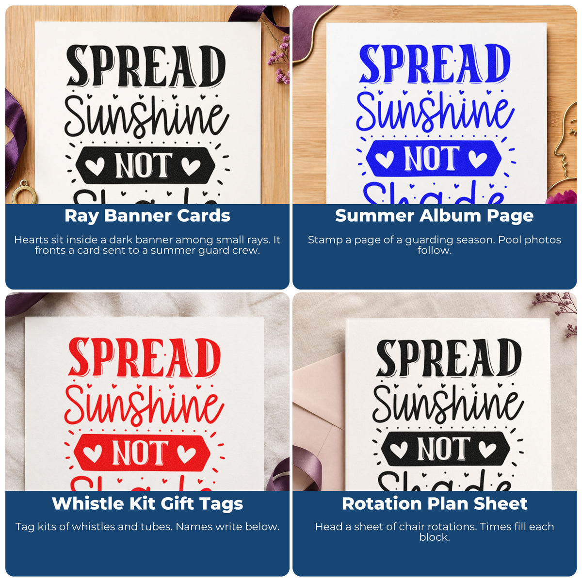Four ways to use the Spread Sunshine Not Shade Heart Accents Stamp – Self-Inking: ray banner cards, summer album page, whistle kit gift tags and rotation plan sheet.