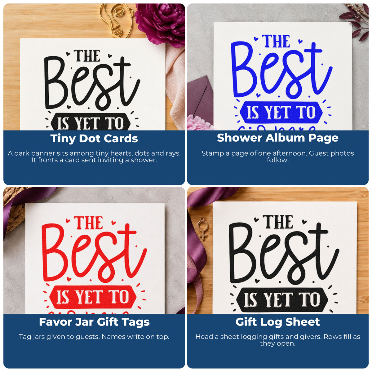 Four ways to use the Best Is Yet To Come Slim Pre-Inked Stamp: tiny dot cards, shower album page, favor jar gift tags and gift log sheet.